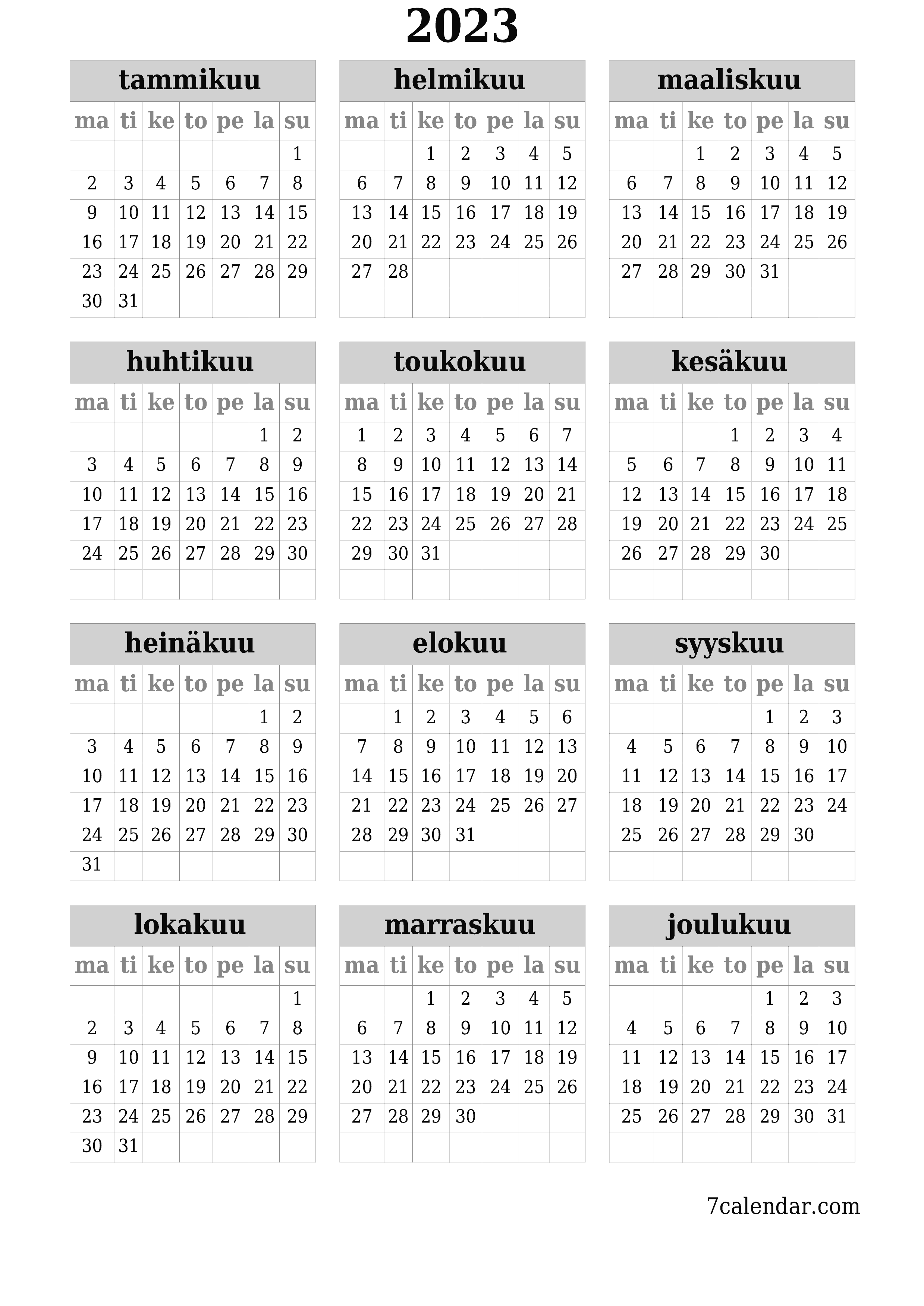 Tyhjä vuosisuunnittelukalenteri vuodelle 2023 muistiinpanoilla, tallenna ja tulosta PDF-muotoon PNG Finnish