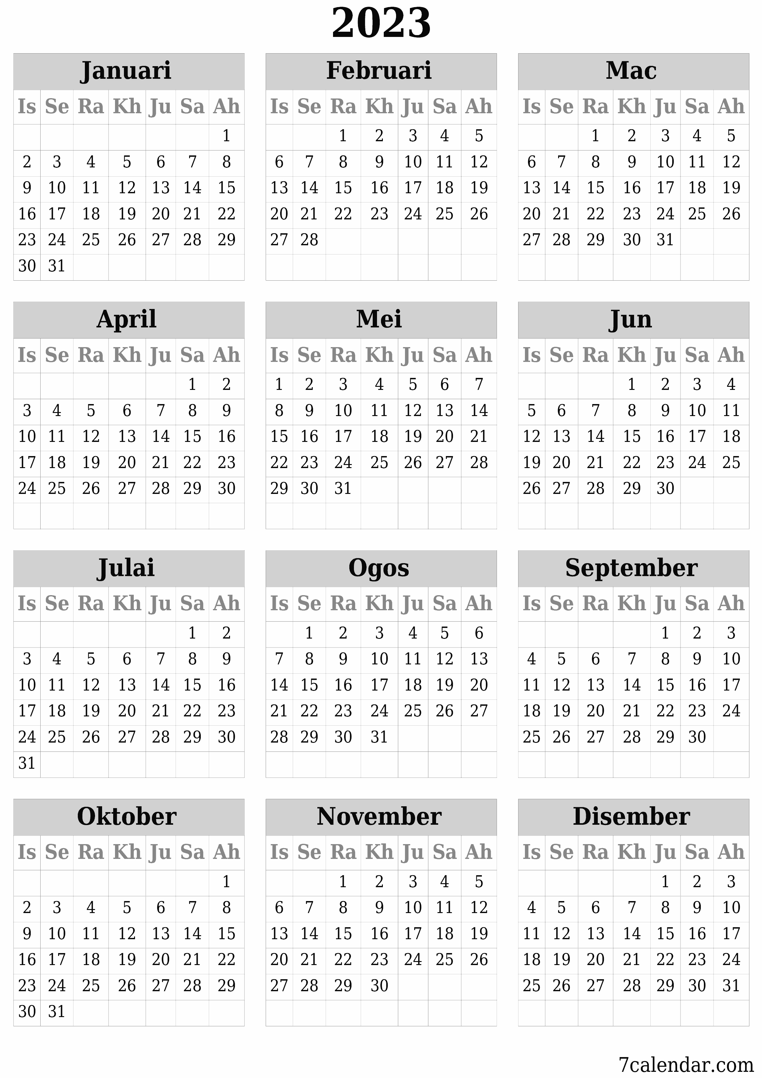 Kalendar perancang tahunan kosong untuk tahun ini 2023 dengan nota, simpan dan cetak ke PDF PNG Malay