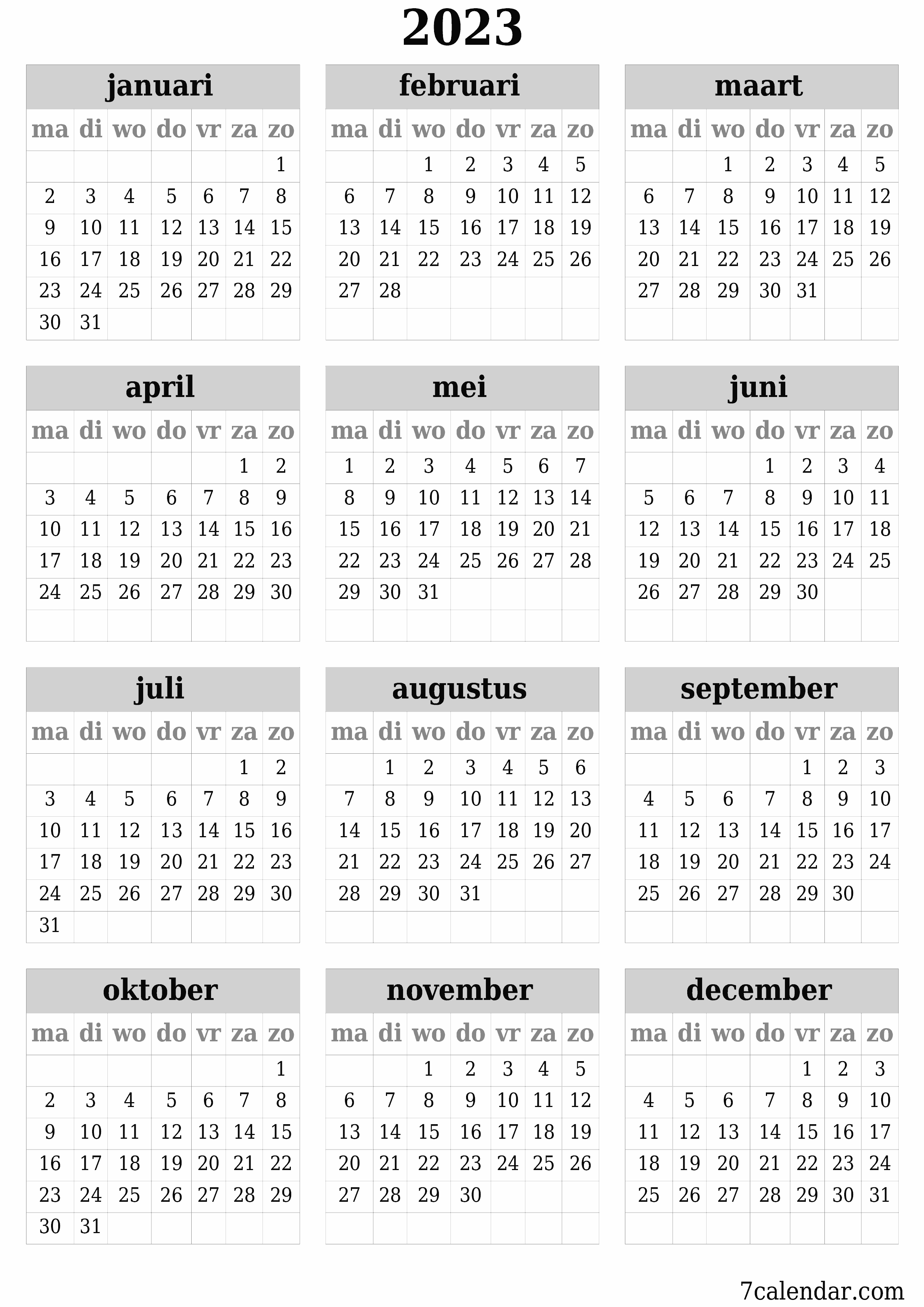 Blanco jaarkalender voor jaar 2023 opslaan en afdrukken naar pdf PNG Dutch - 7calendar.com