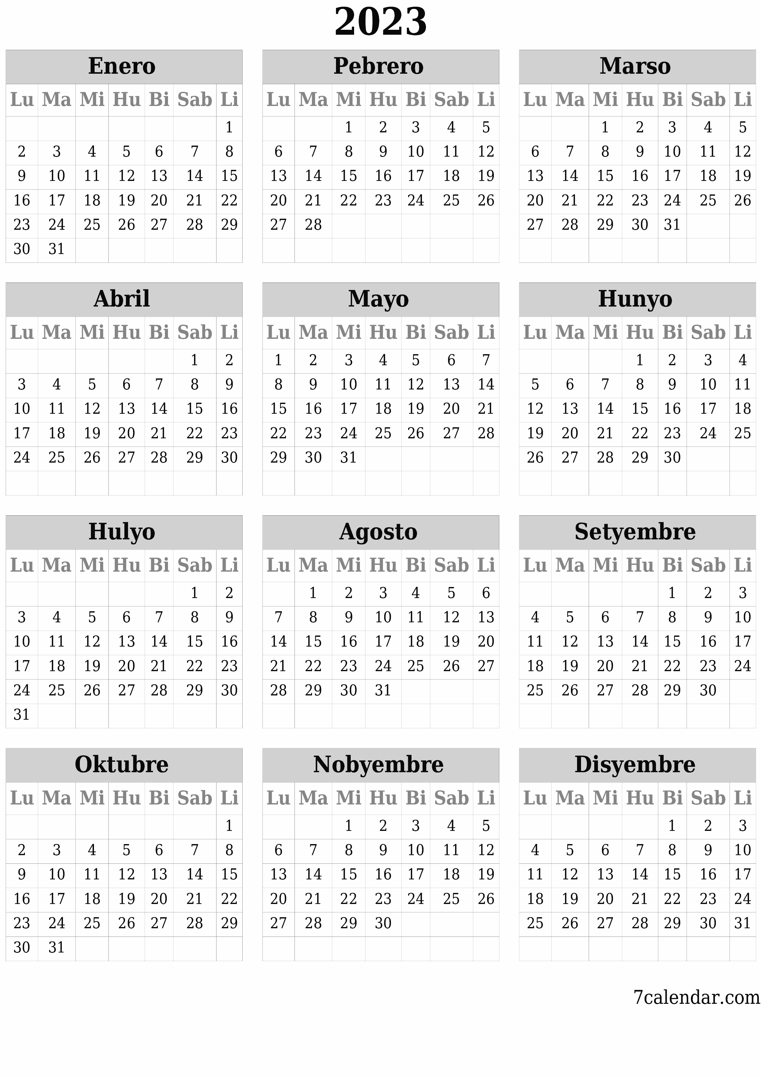 Walang laman ang taunang kalendaryo ng tagaplano para sa taong 2023 na may mga tala, i-save at i-print sa PDF PNG Filipino - 7calendar.com