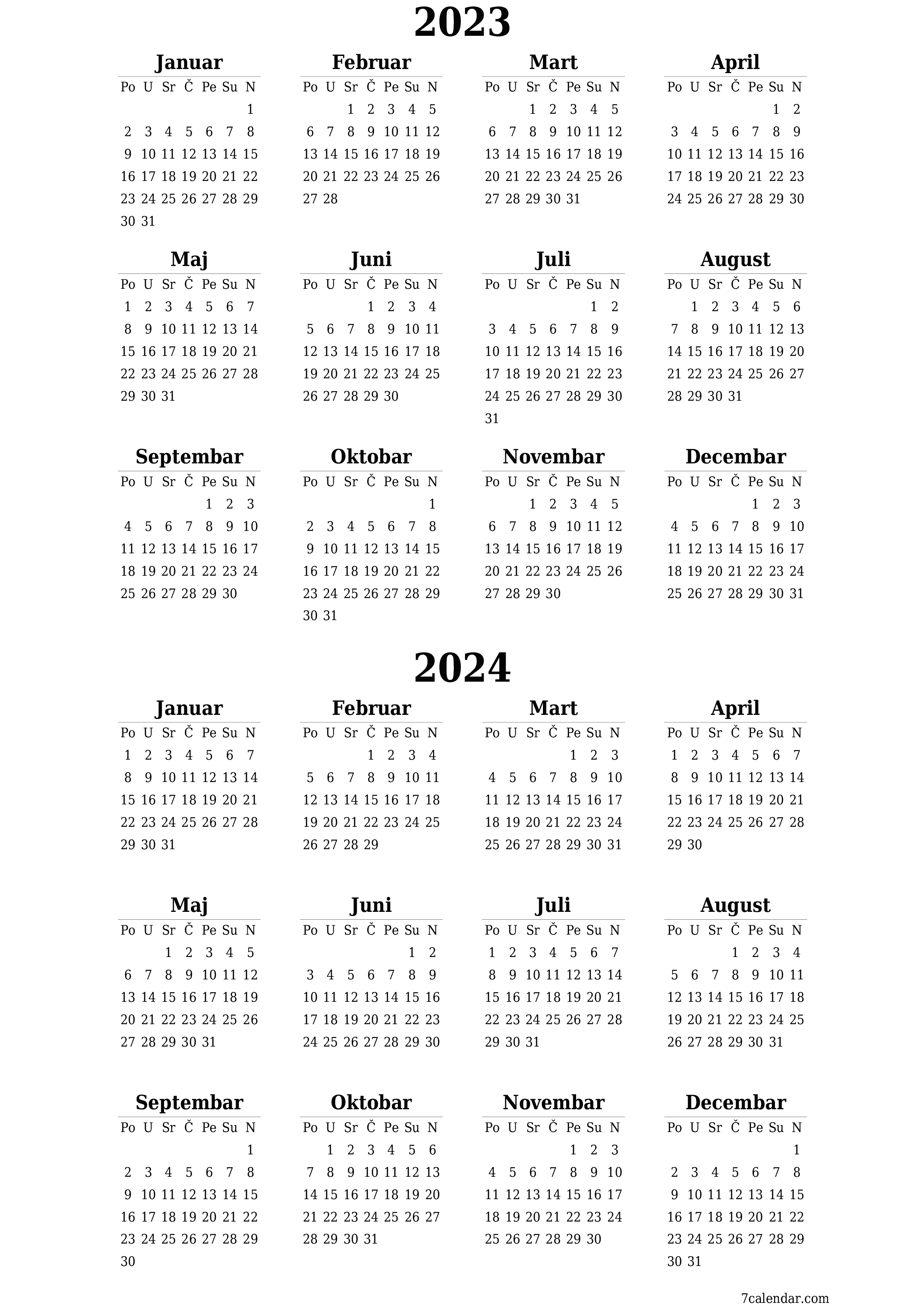 Ispraznite godišnji kalendar planera za godinu 2023, 2024 s bilješkama, spremite i ispišite u PDF PNG Bosnian - 7calendar.com