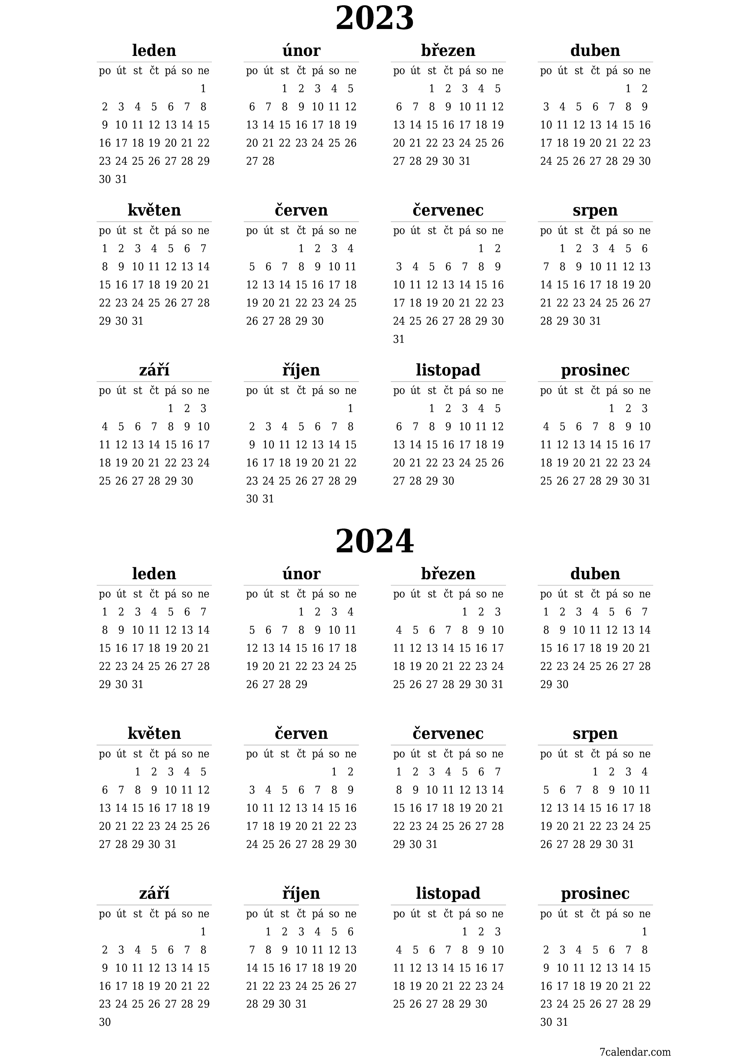 Prázdný roční kalendář plánovače pro rok 2023, 2024 s poznámkami, uložením a tiskem do PDF PNG Czech