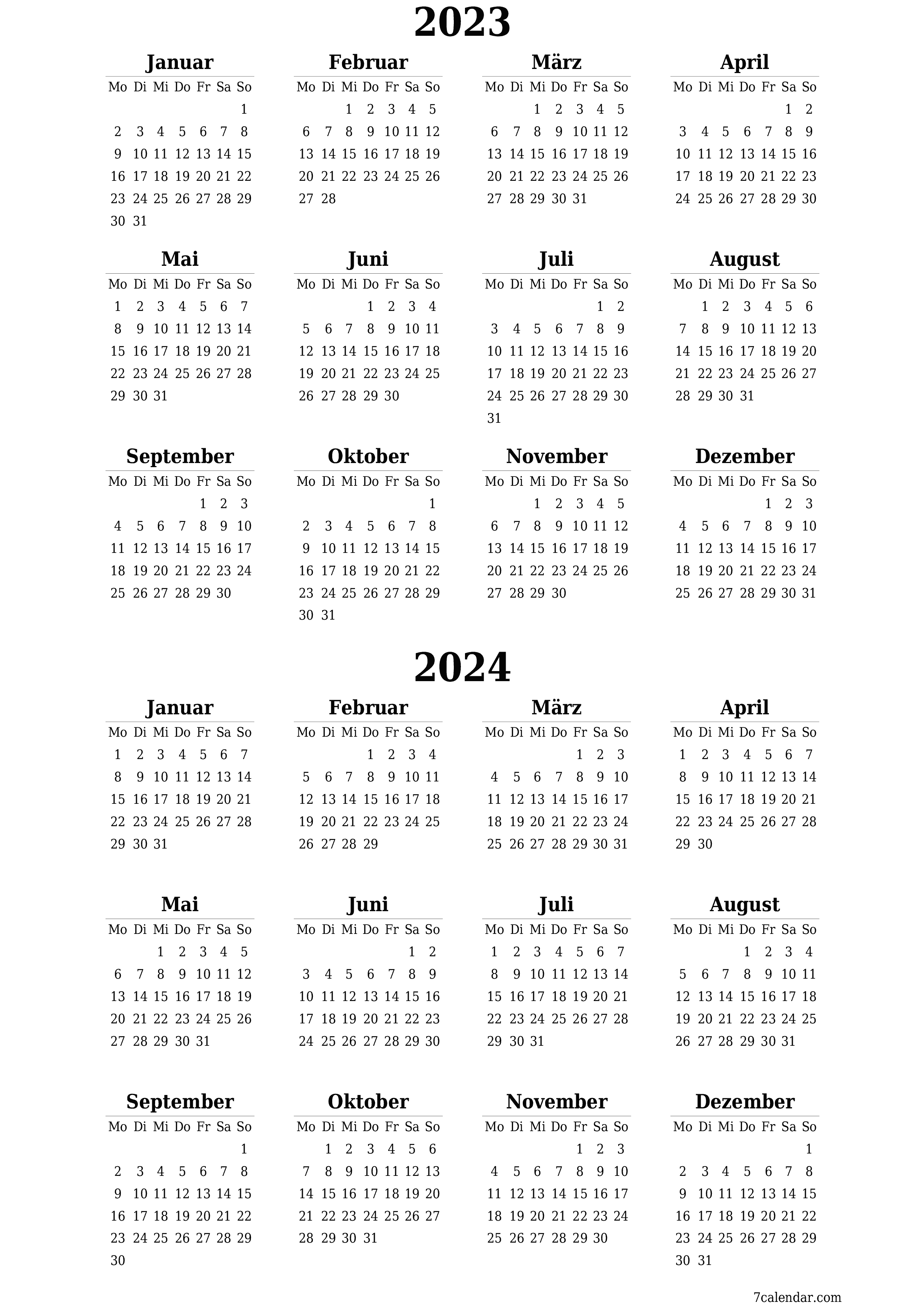 Jahresplanerkalender für das Jahr 2023, 2024 mit Notizen leeren, speichern und als PDF PNG German - 7calendar.com drucken