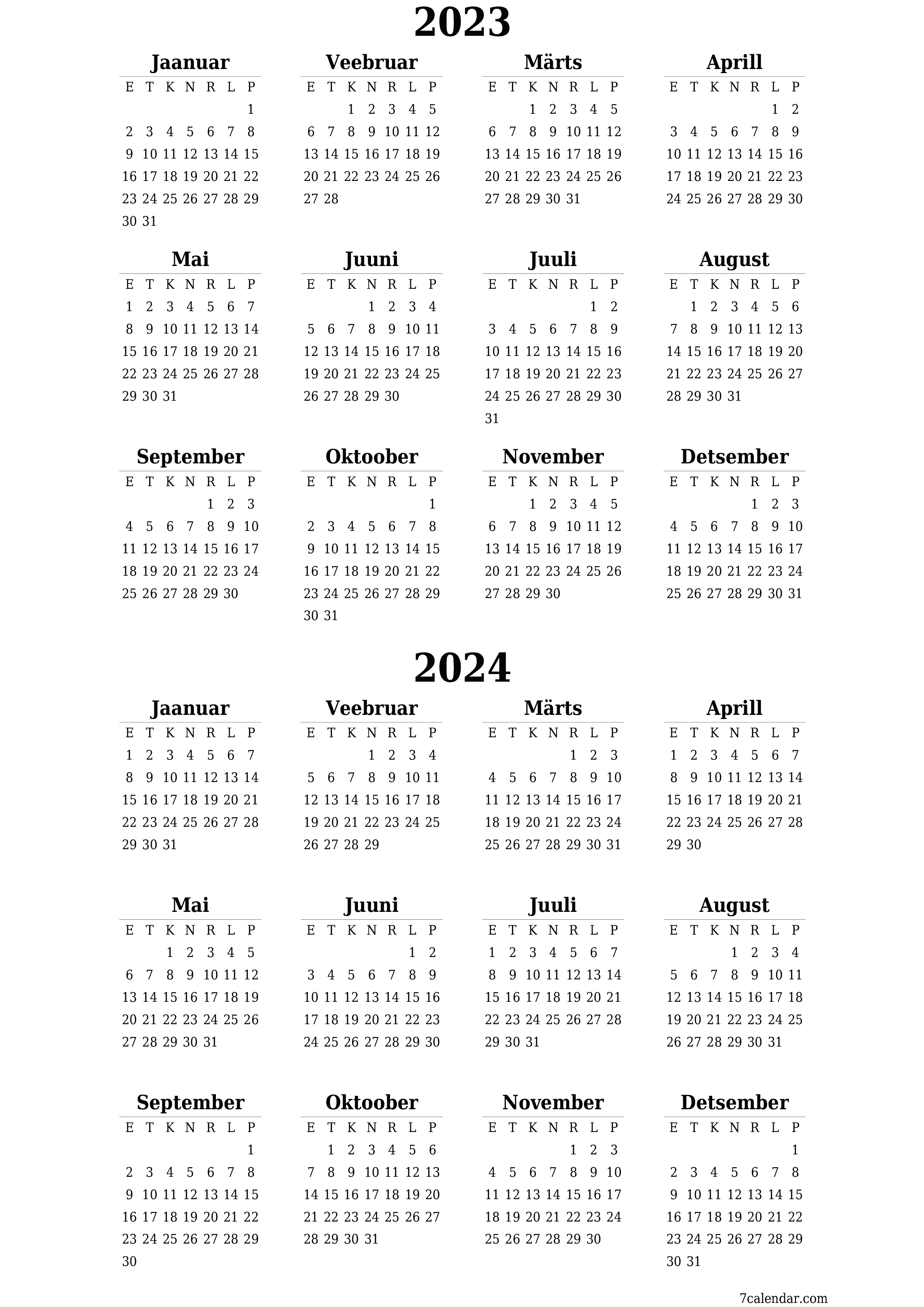 Tühi aasta planeerija kalender aastaks 2023, 2024 koos märkmetega, salvestage ja printige PDF-i PNG Estonian