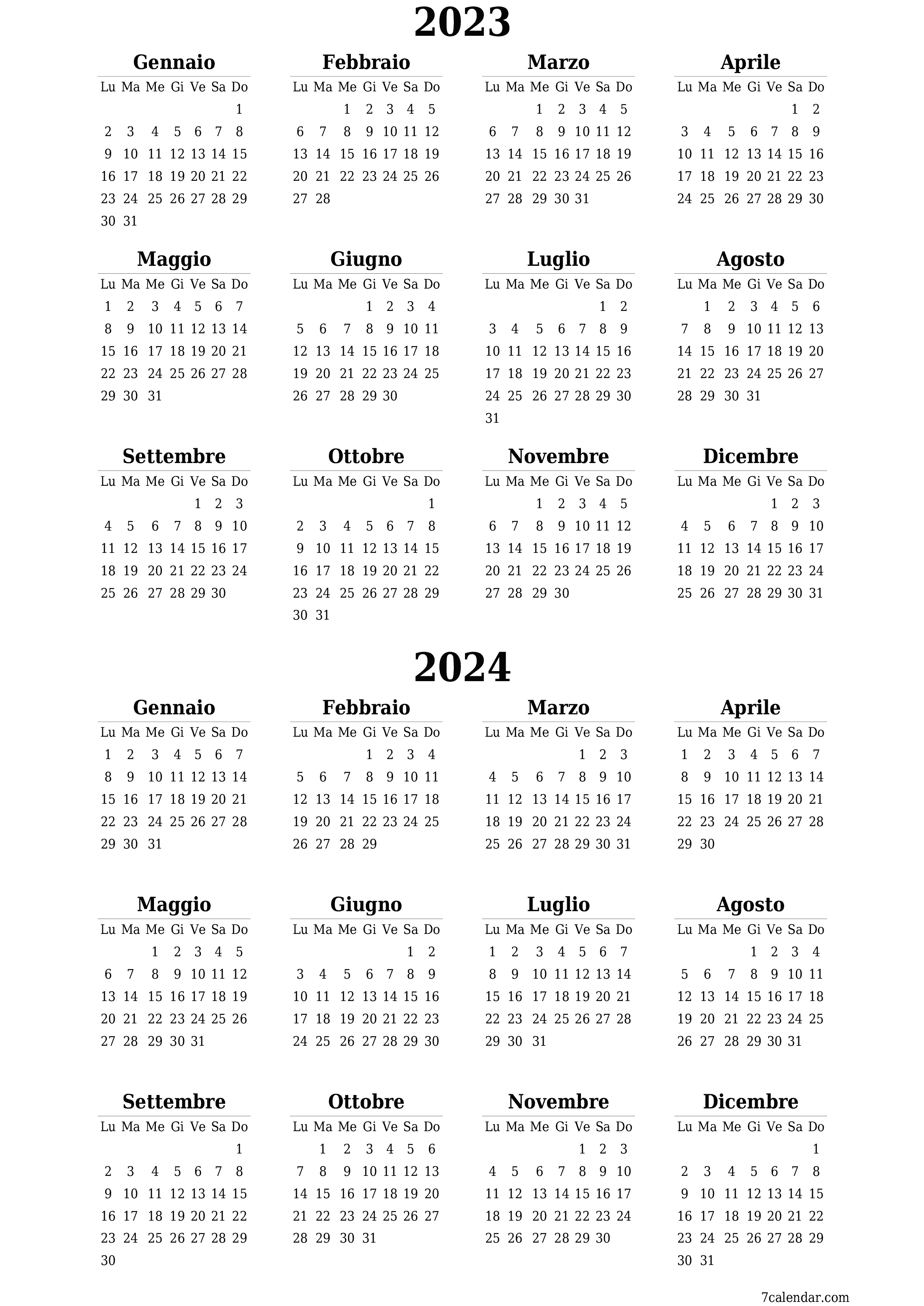 Calendario pianificatore annuale vuoto per l'anno 2023, 2024 con note, salva e stampa in PDF PNG Italian - 7calendar.com