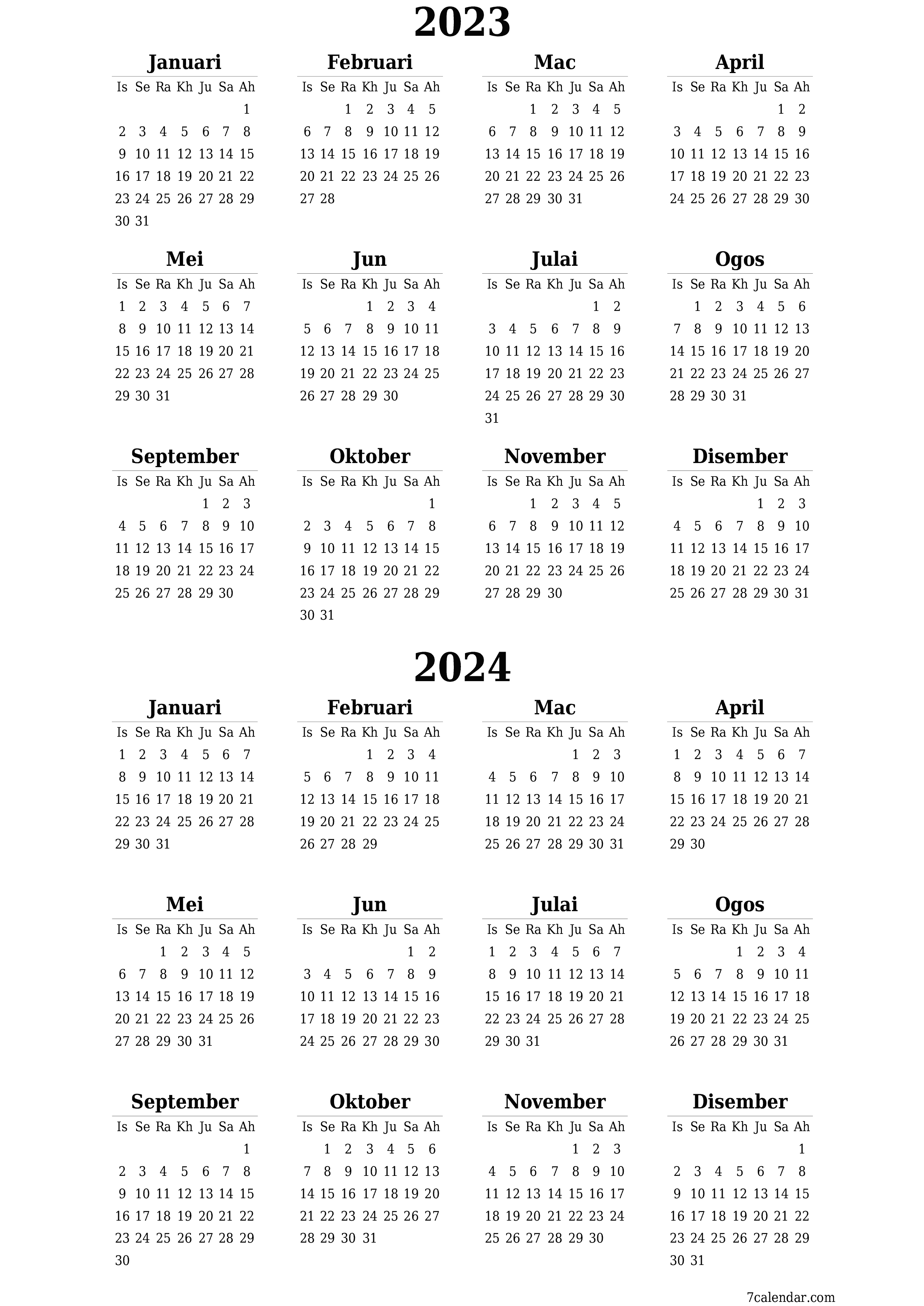 Kalendar perancang tahunan kosong untuk tahun ini 2023, 2024 dengan nota, simpan dan cetak ke PDF PNG Malay
