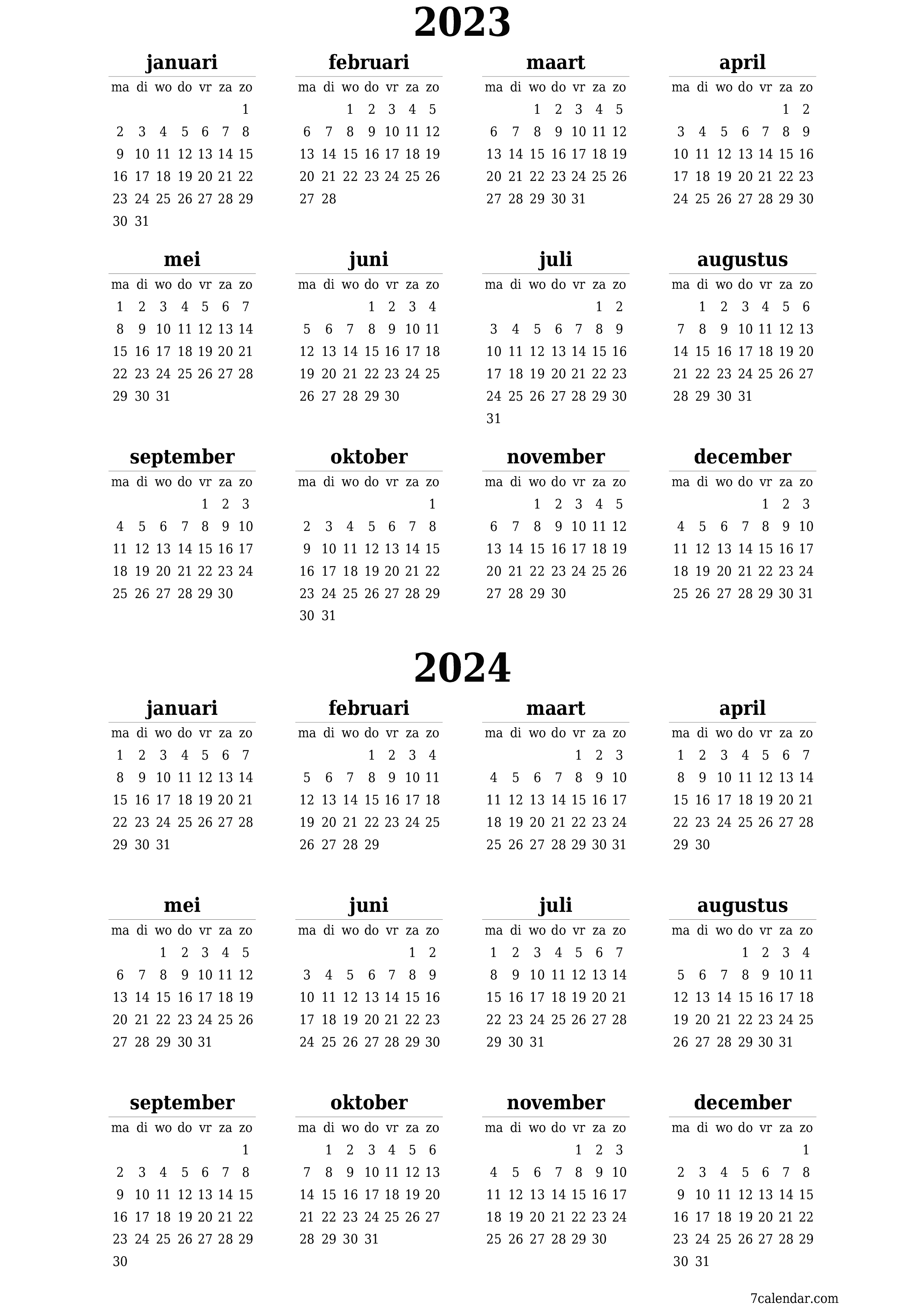 Lege jaarplanningskalender voor het jaar 2023, 2024 met notities, opslaan en afdrukken naar pdf PNG Dutch - 7calendar.com