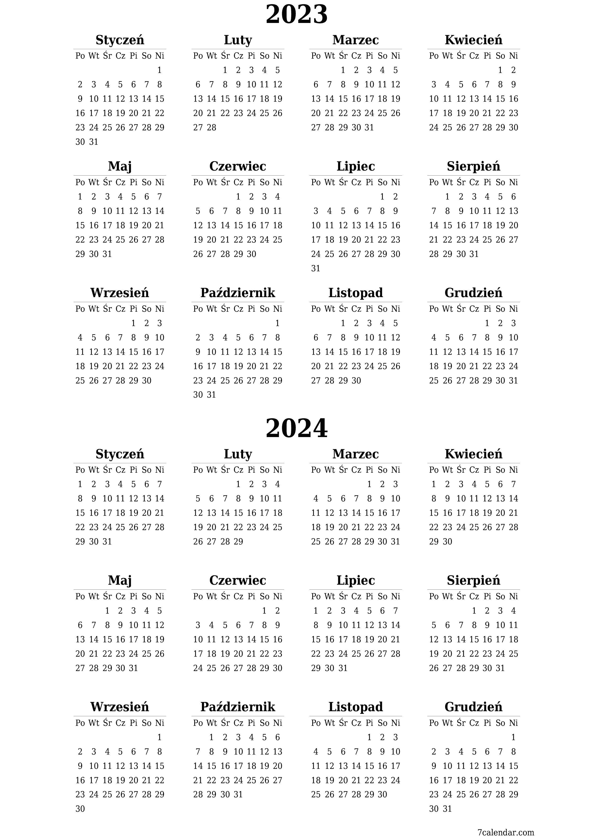  do druku ścienny szablon a darmowy pionowy Yearly kalendarz Luty (Lut) 2023