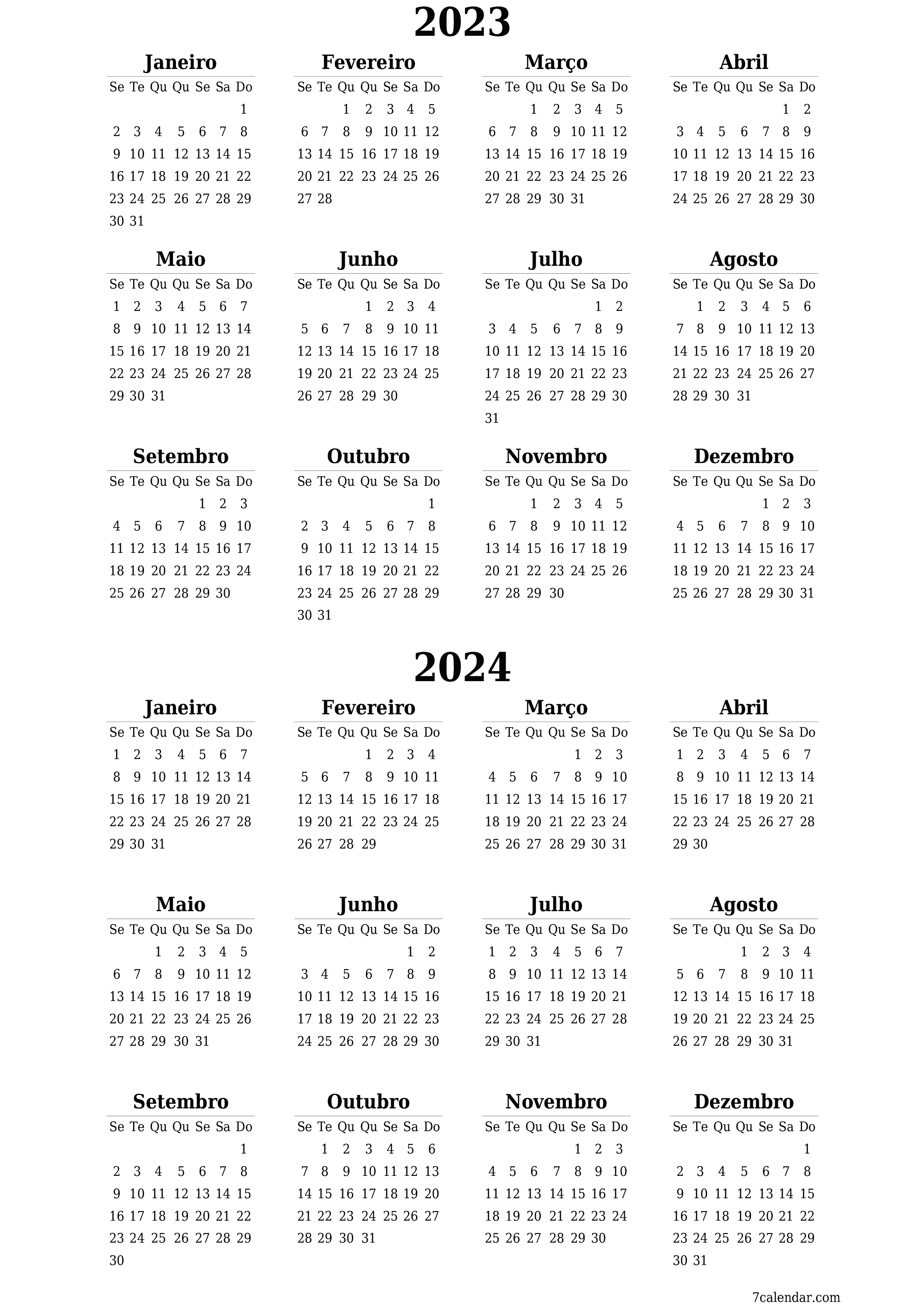 Calendário de planejador anual vazio para o ano 2023, 2024 com notas, salve e imprima em PDF PNG Portuguese - 7calendar.com