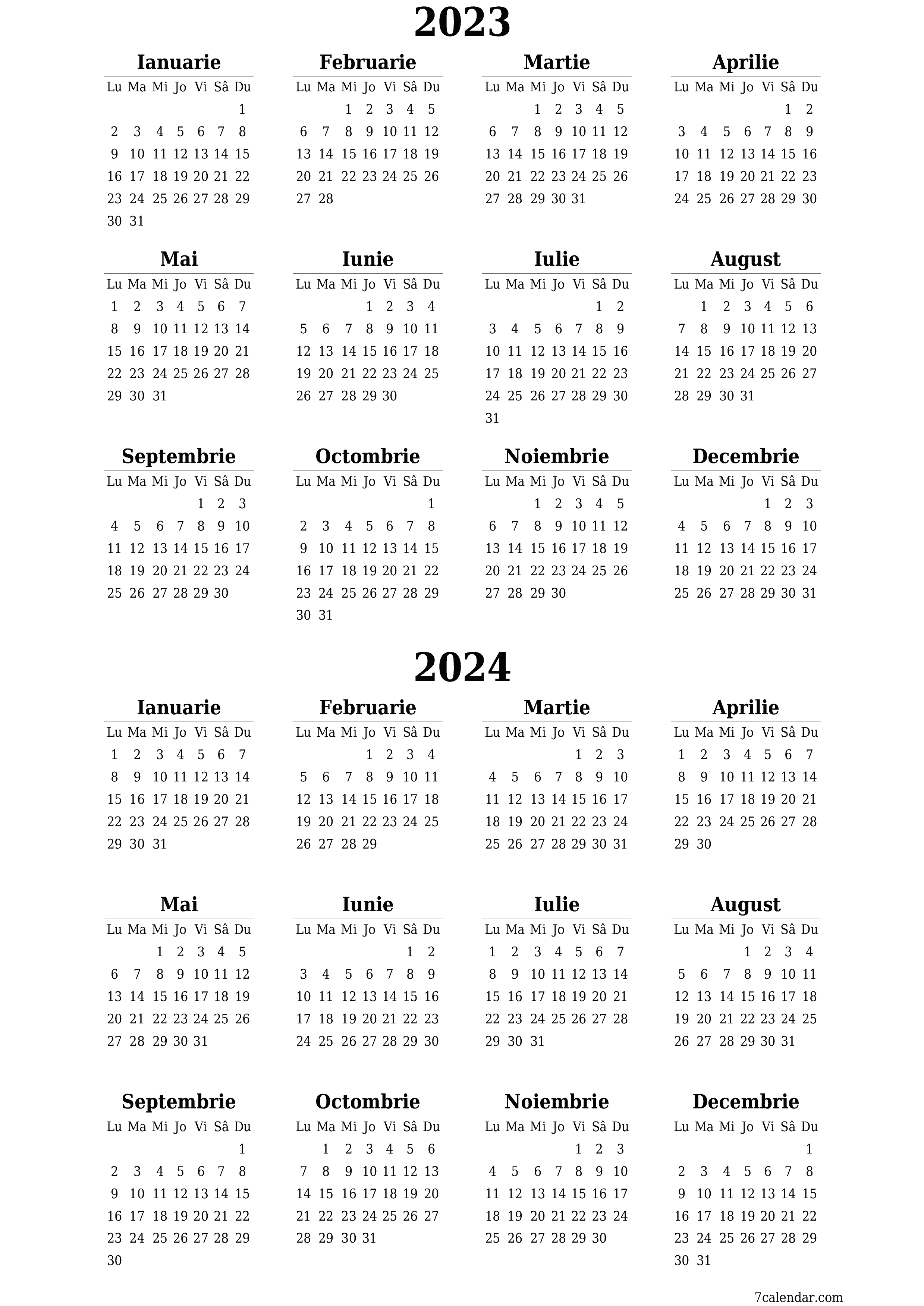 Goliți calendarul anual al planificatorului pentru anul 2023, 2024 cu note, salvați și tipăriți în PDF PNG Romanian - 7calendar.com