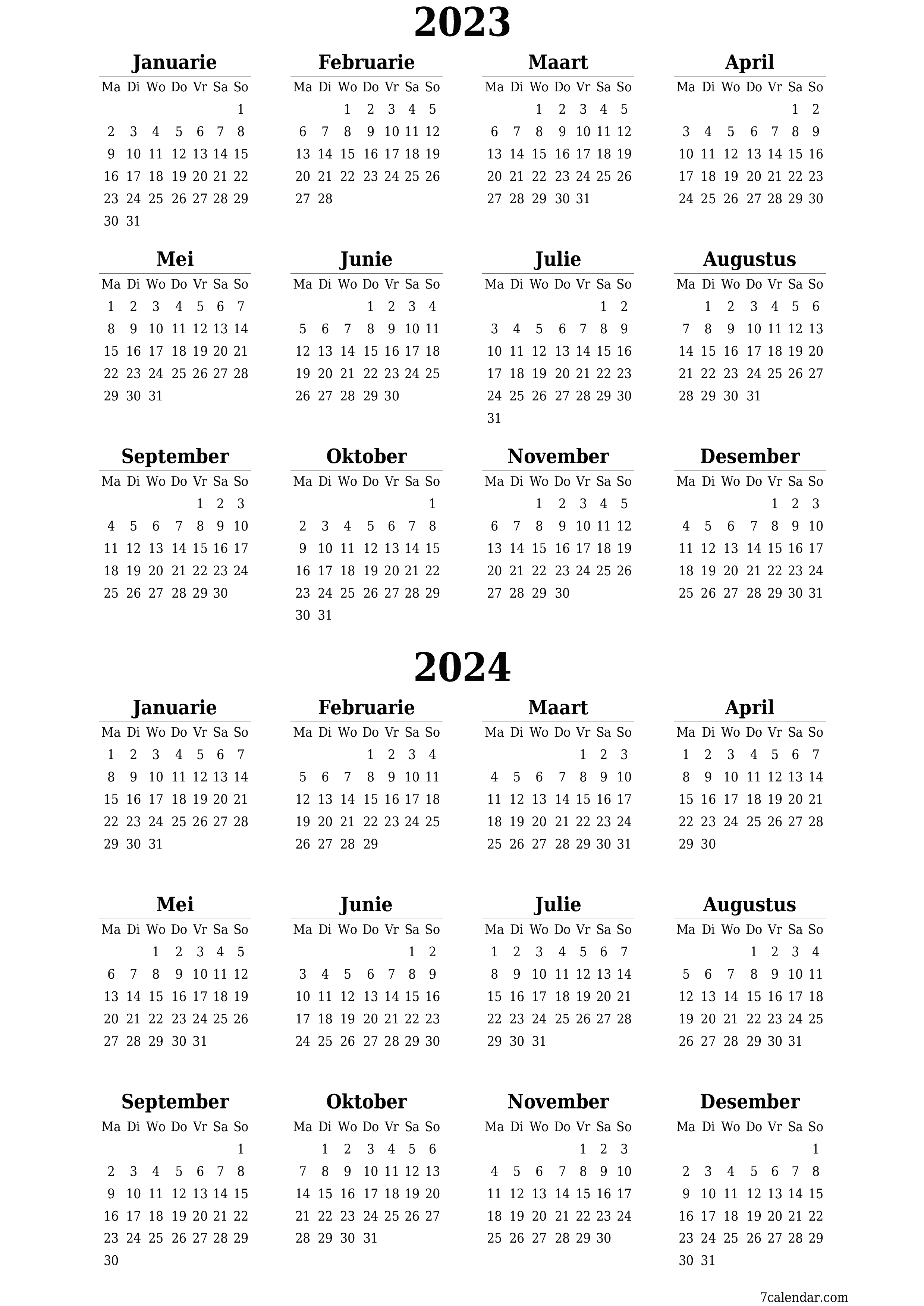 Leë jaarlikse drukbare kalender en beplanner vir die jaar 2023, 2024 met notas, stoor en druk na PDF PNG Afrikaans - 7calendar.com