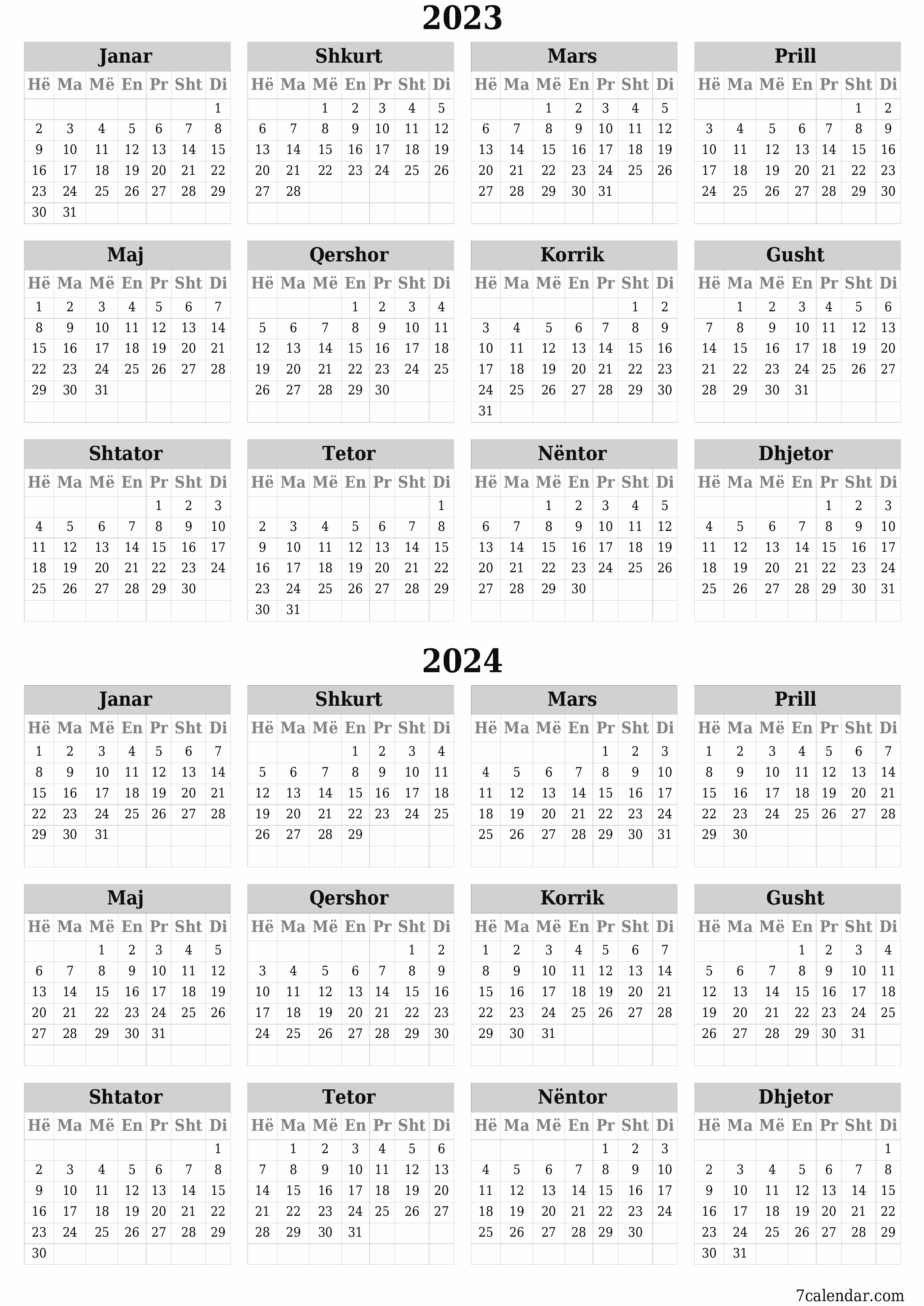 Kalendari bosh vjetor për vitin 2023, 2024 ruaj dhe printo në PDF PNG Albanian - 7calendar.com