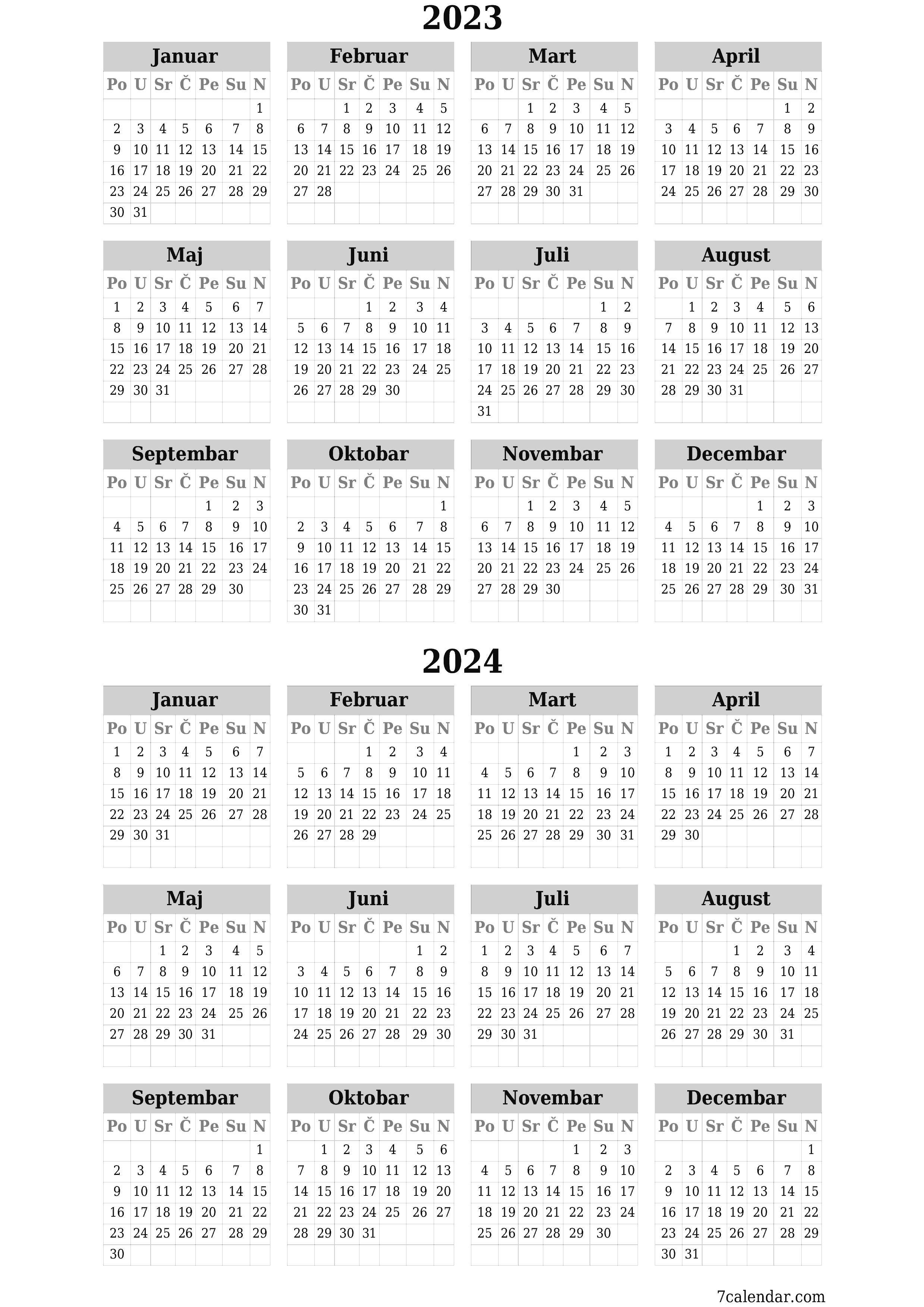 Ispraznite godišnji kalendar planera za godinu 2023, 2024 s bilješkama, spremite i ispišite u PDF PNG Bosnian