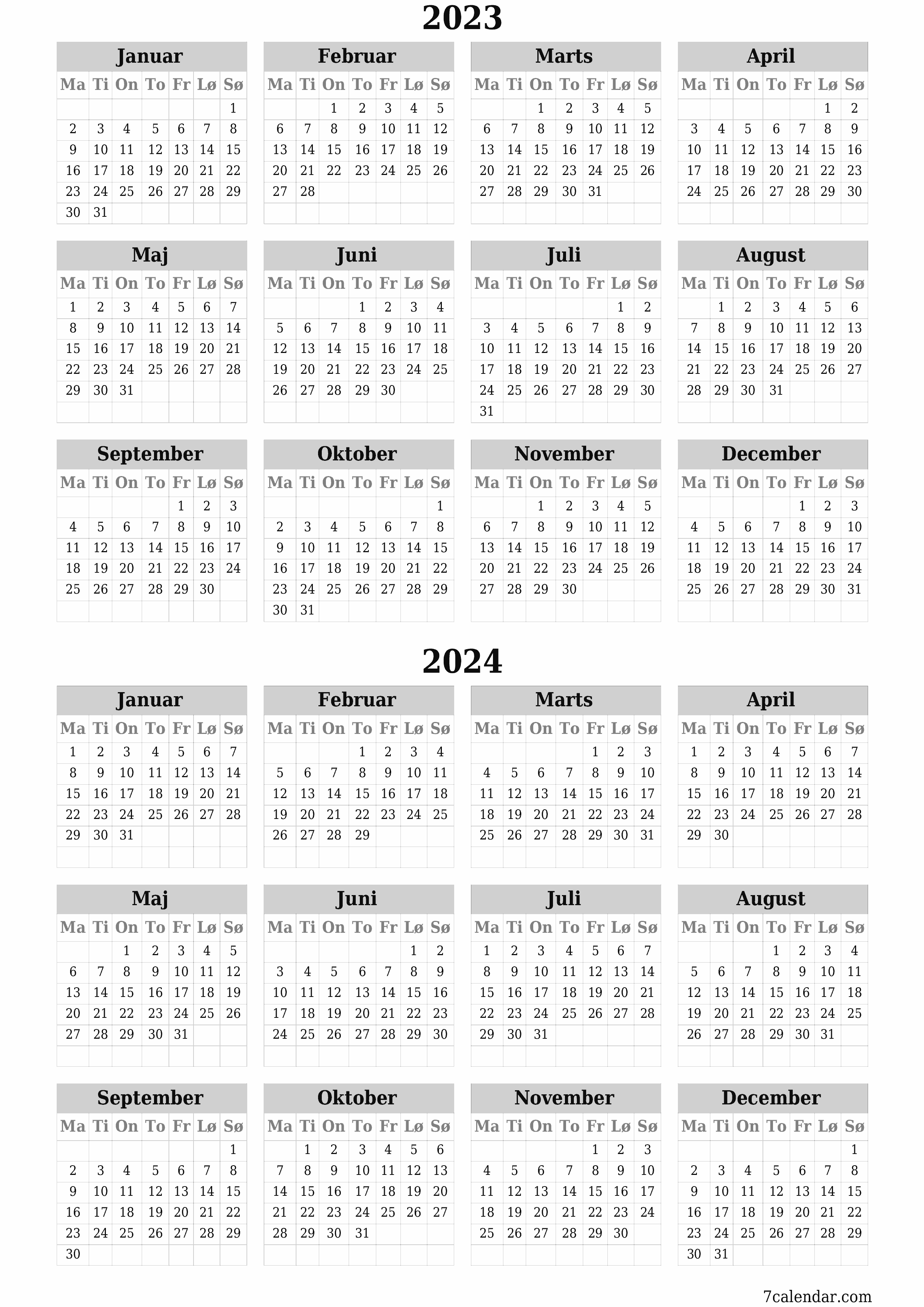 Tom årlig planlægningskalender for året 2023, 2024 med noter, gem og udskriv til PDF PNG Danish