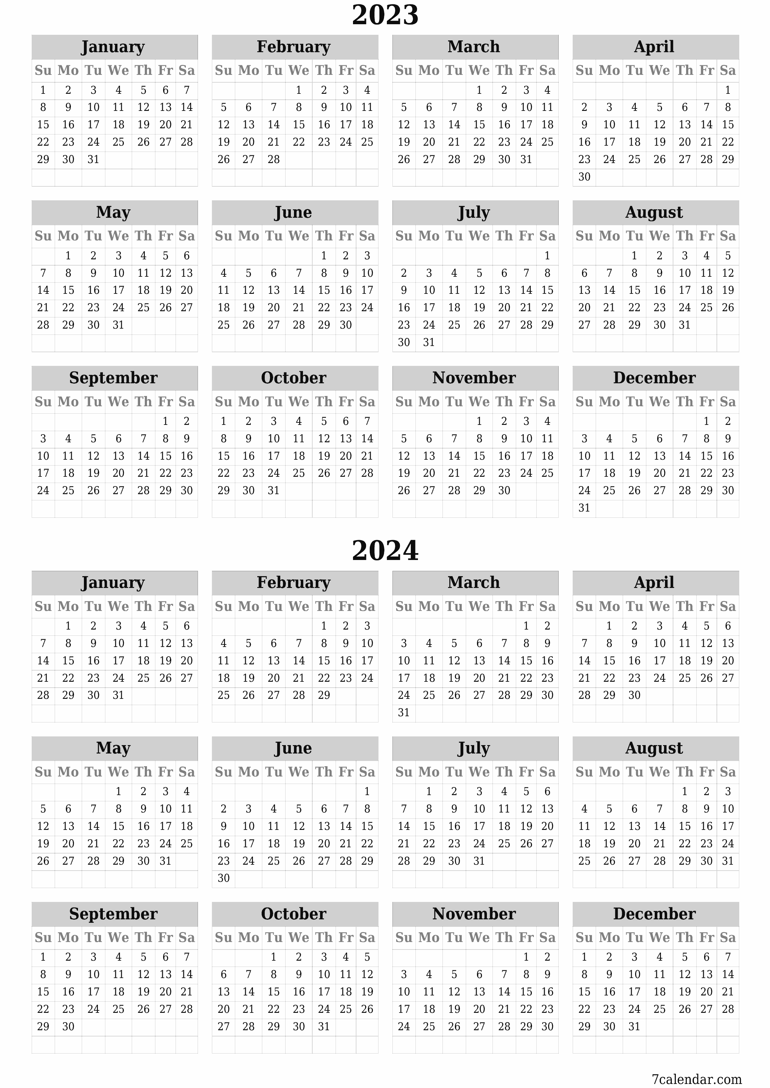 Blank yearly dated HD template image of calendar for year 2023, 2024 save and print to PDF PNG English - 7calendar.com