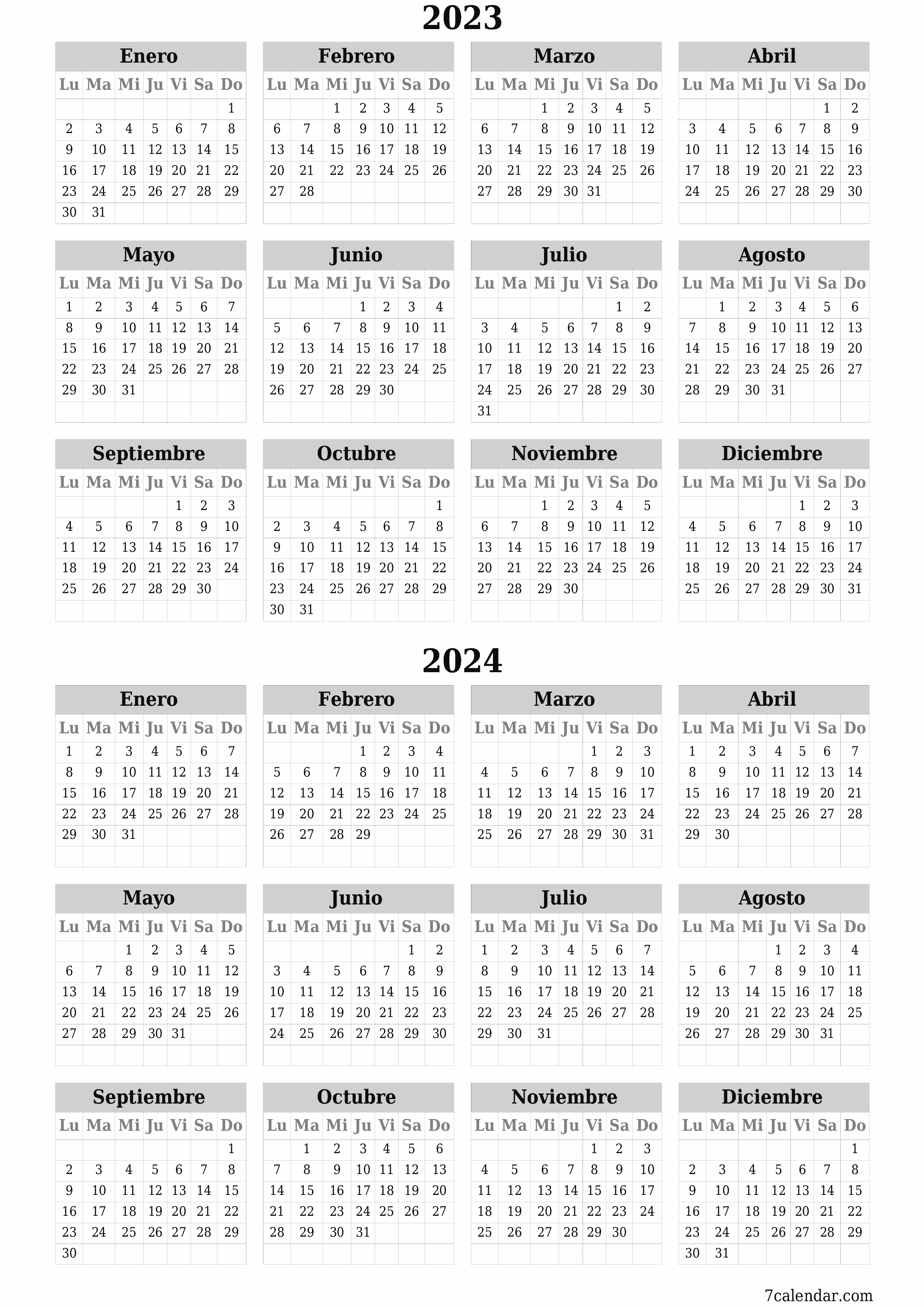 Calendario planificador anual vacío para el año 2023, 2024 con notas, guardar e imprimir en PDF PNG Spanish - 7calendar.com