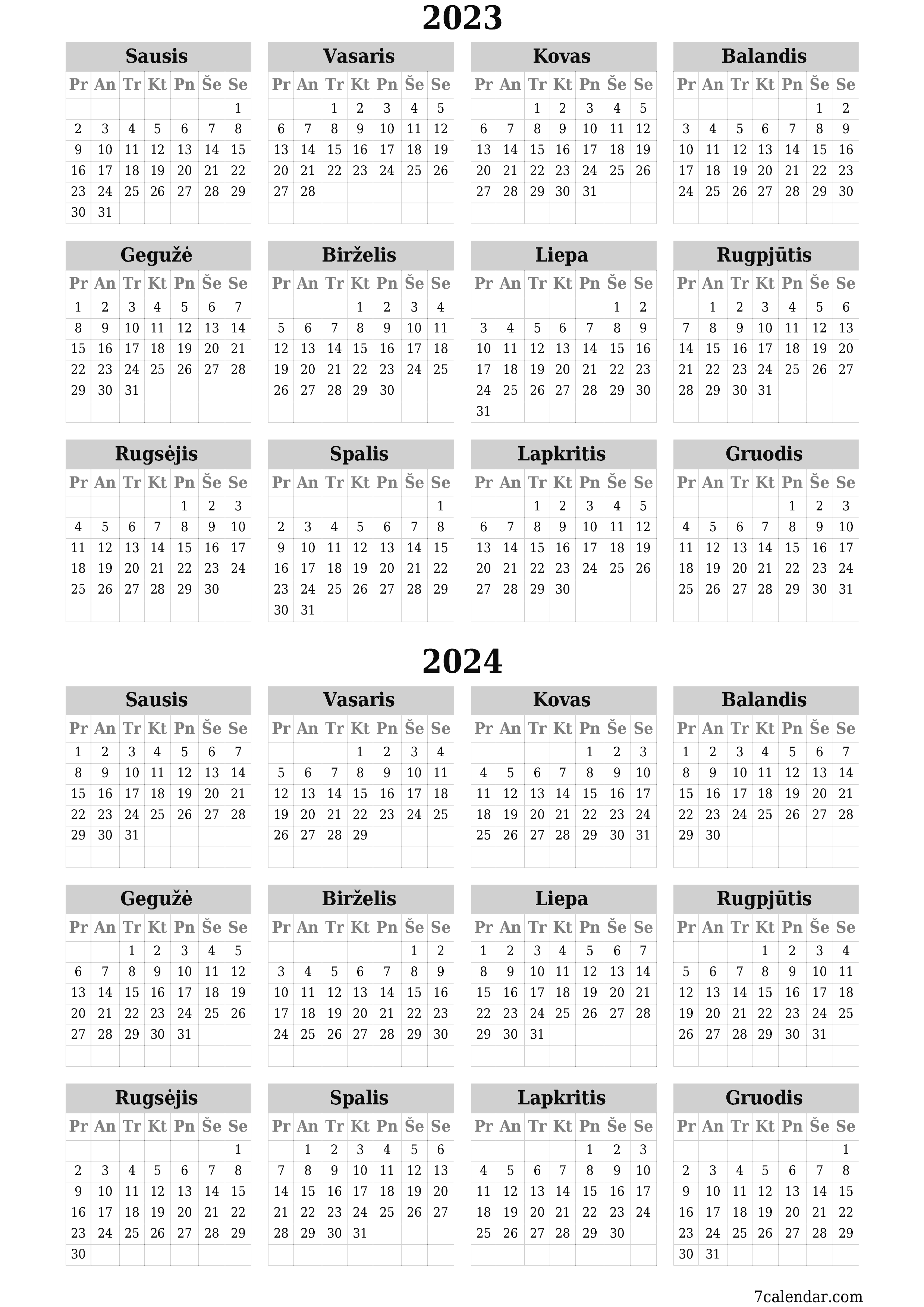 Tuščias metų planavimo kalendorius 2023, 2024 su užrašais, išsaugokite ir atsispausdinkite PDF formatu PNG Lithuanian