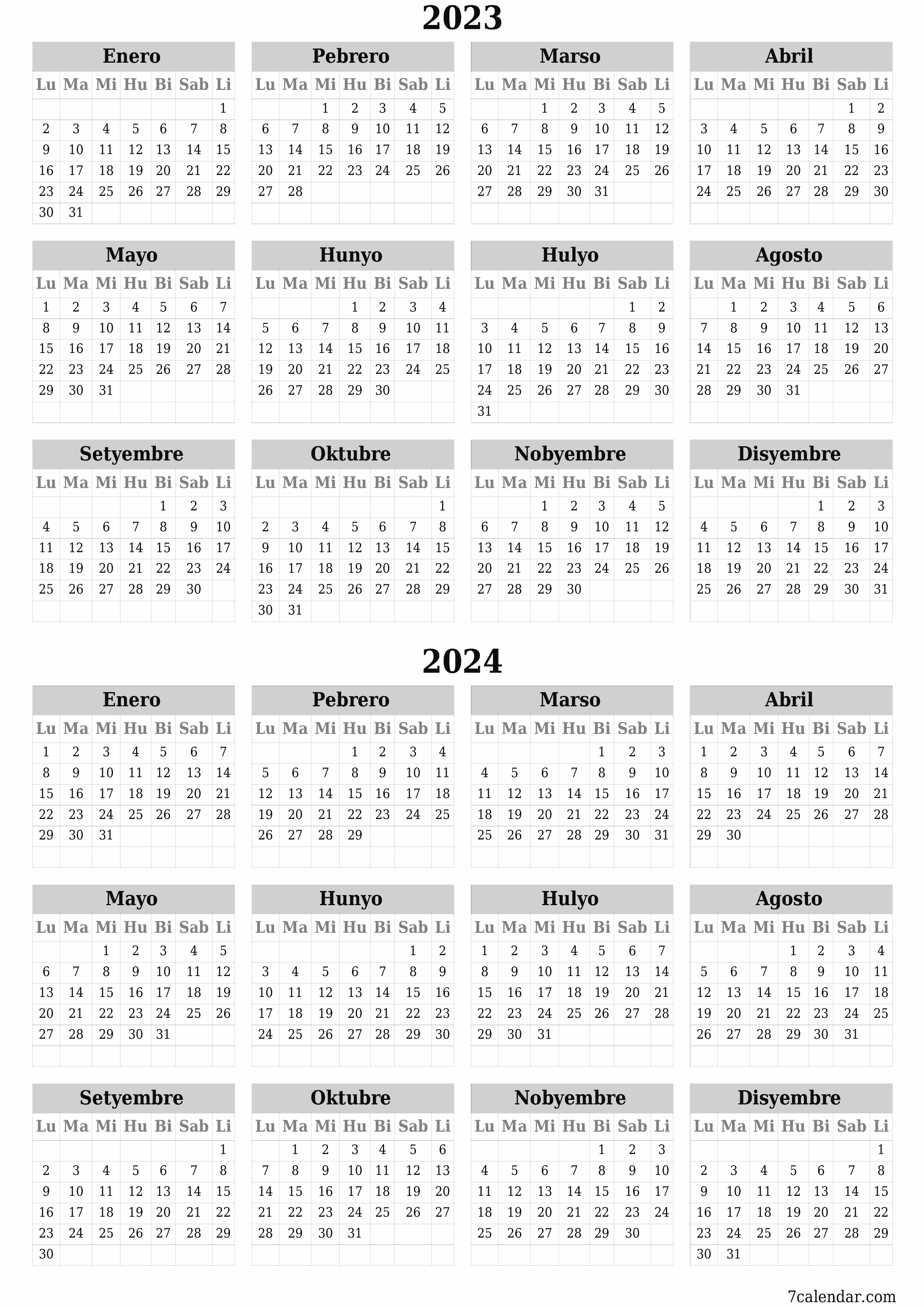 Blangkong taunang kalendaryo para sa taon 2023, 2024 i-save at i-print sa PDF PNG Filipino - 7calendar.com