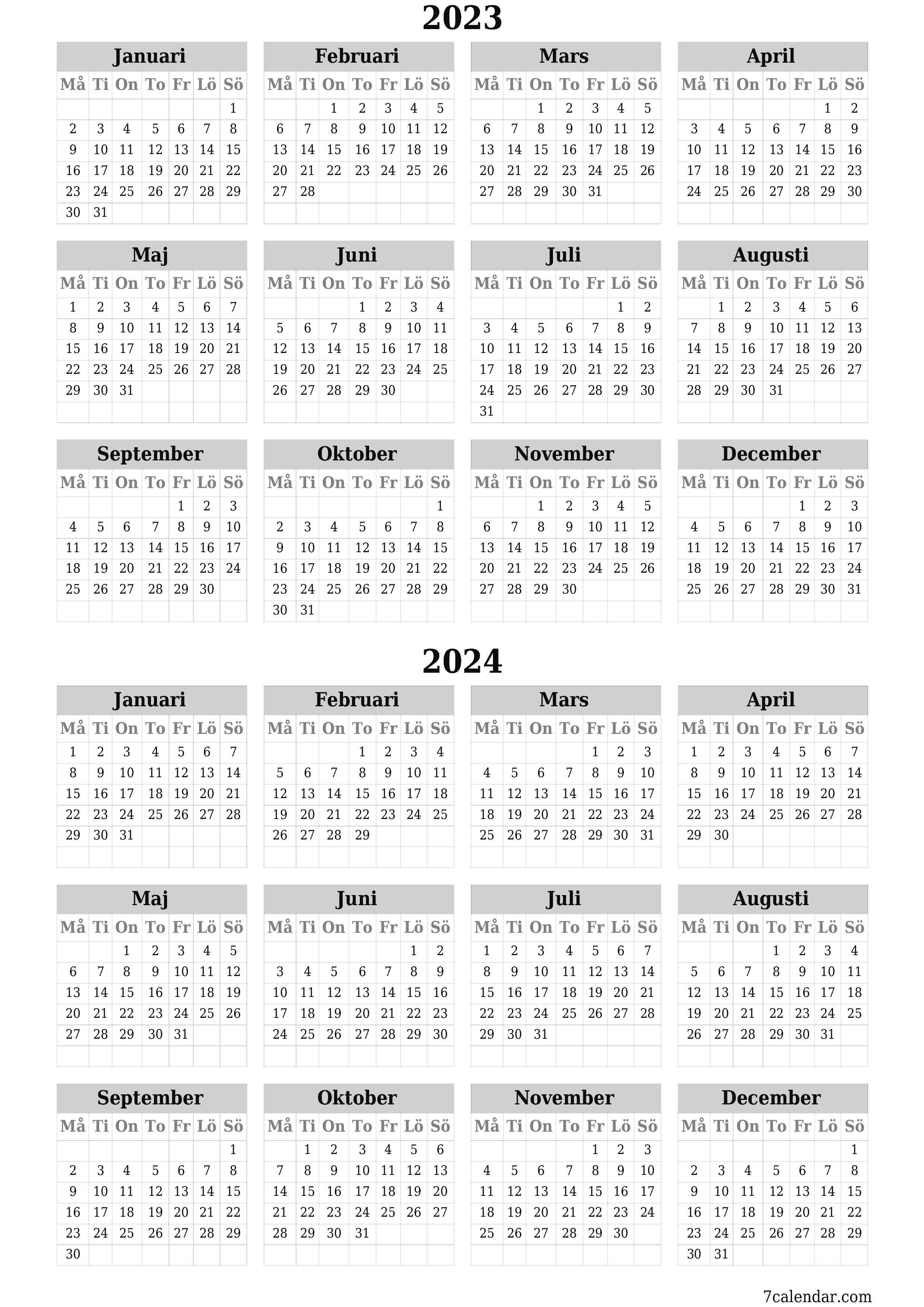 Tom årlig planeringskalender för året 2023, 2024 med anteckningar, spara och skriv ut till PDF PNG Swedish