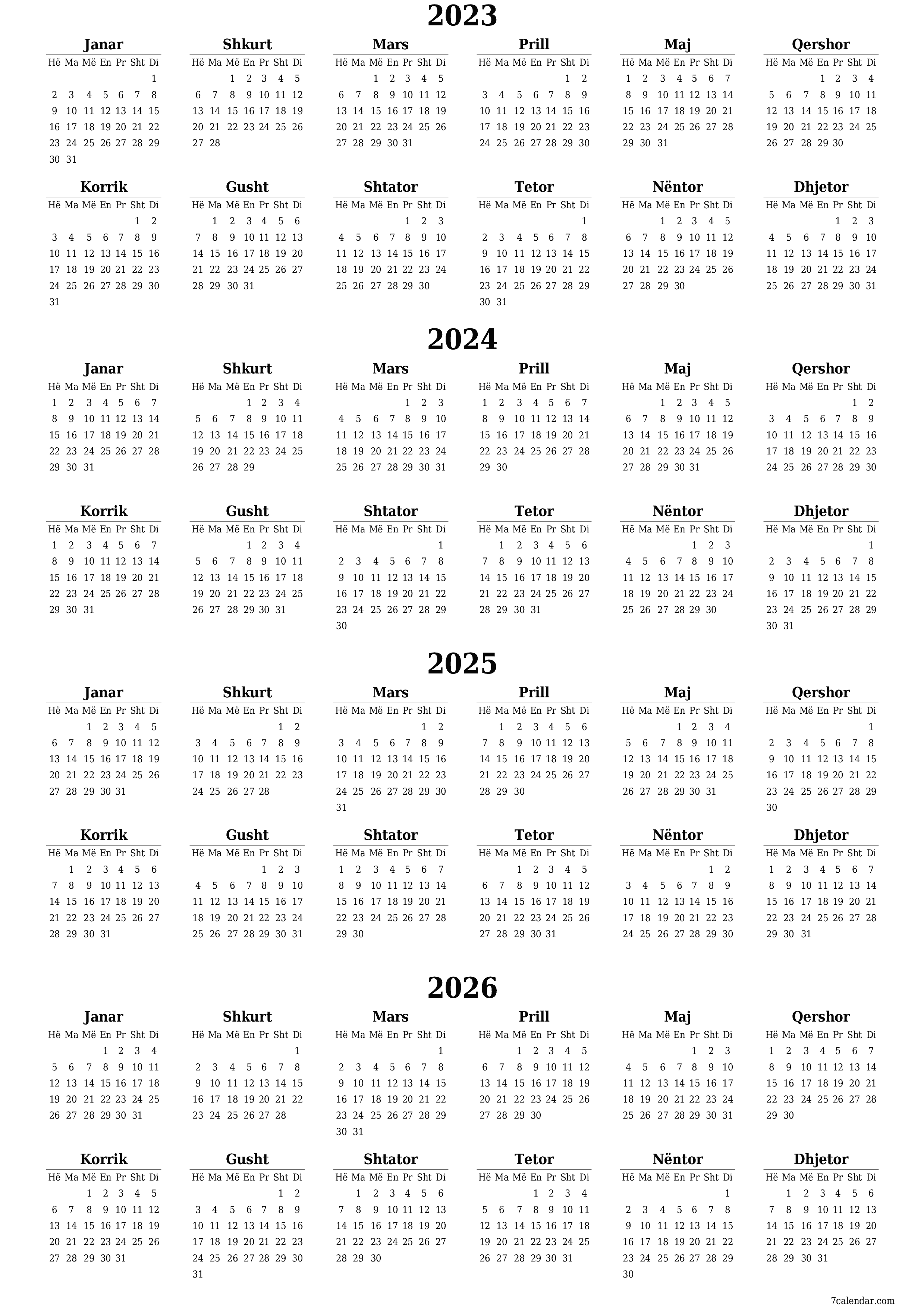 Planifikuesi bosh i kalendarit vjetor për vitin 2023, 2024, 2025, 2026 me shënime, ruani dhe printoni në PDF PNG Albanian - 7calendar.com