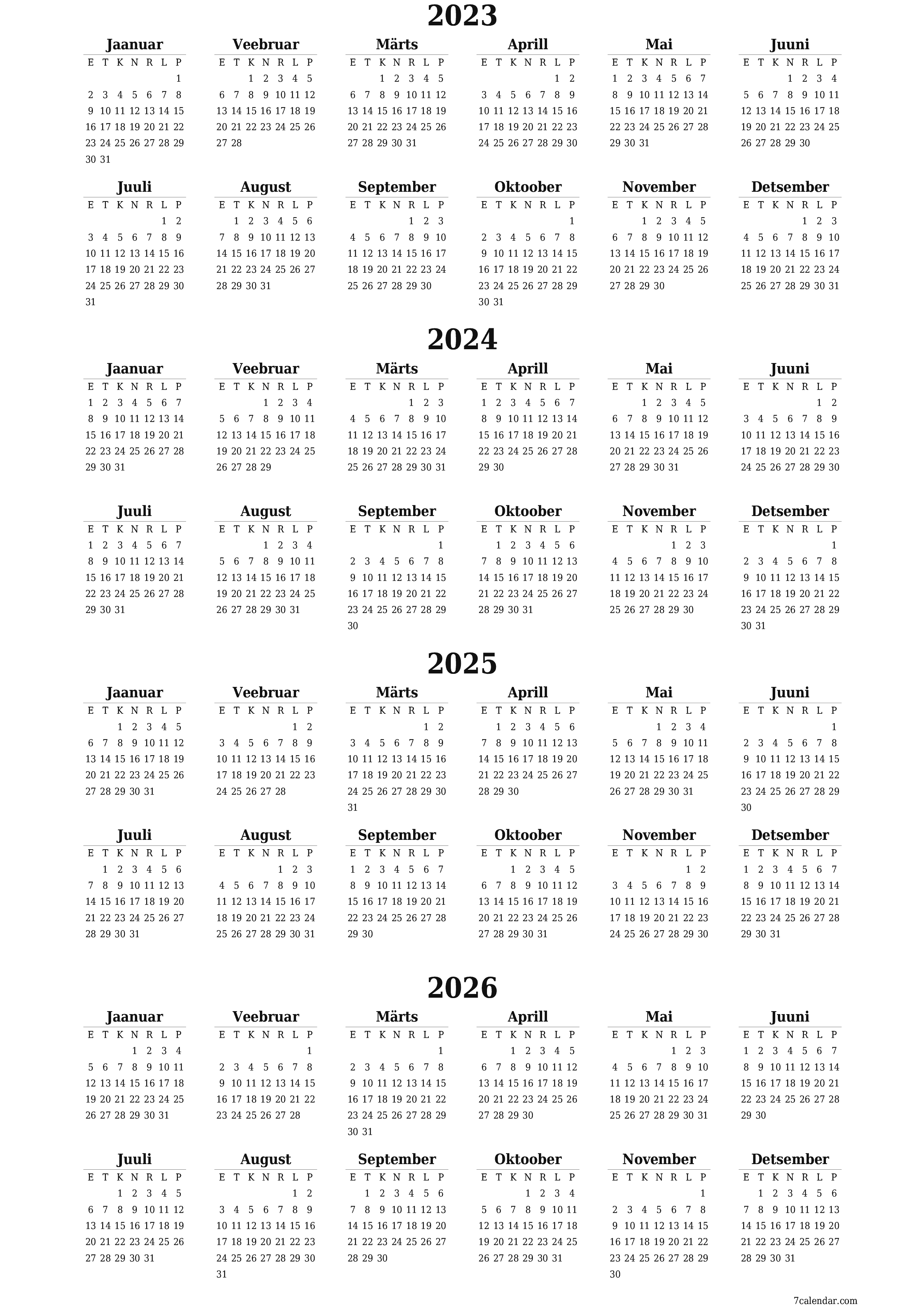 Tühi aasta planeerija kalender aastaks 2023, 2024, 2025, 2026 koos märkmetega, salvestage ja printige PDF-i PNG Estonian - 7calendar.com