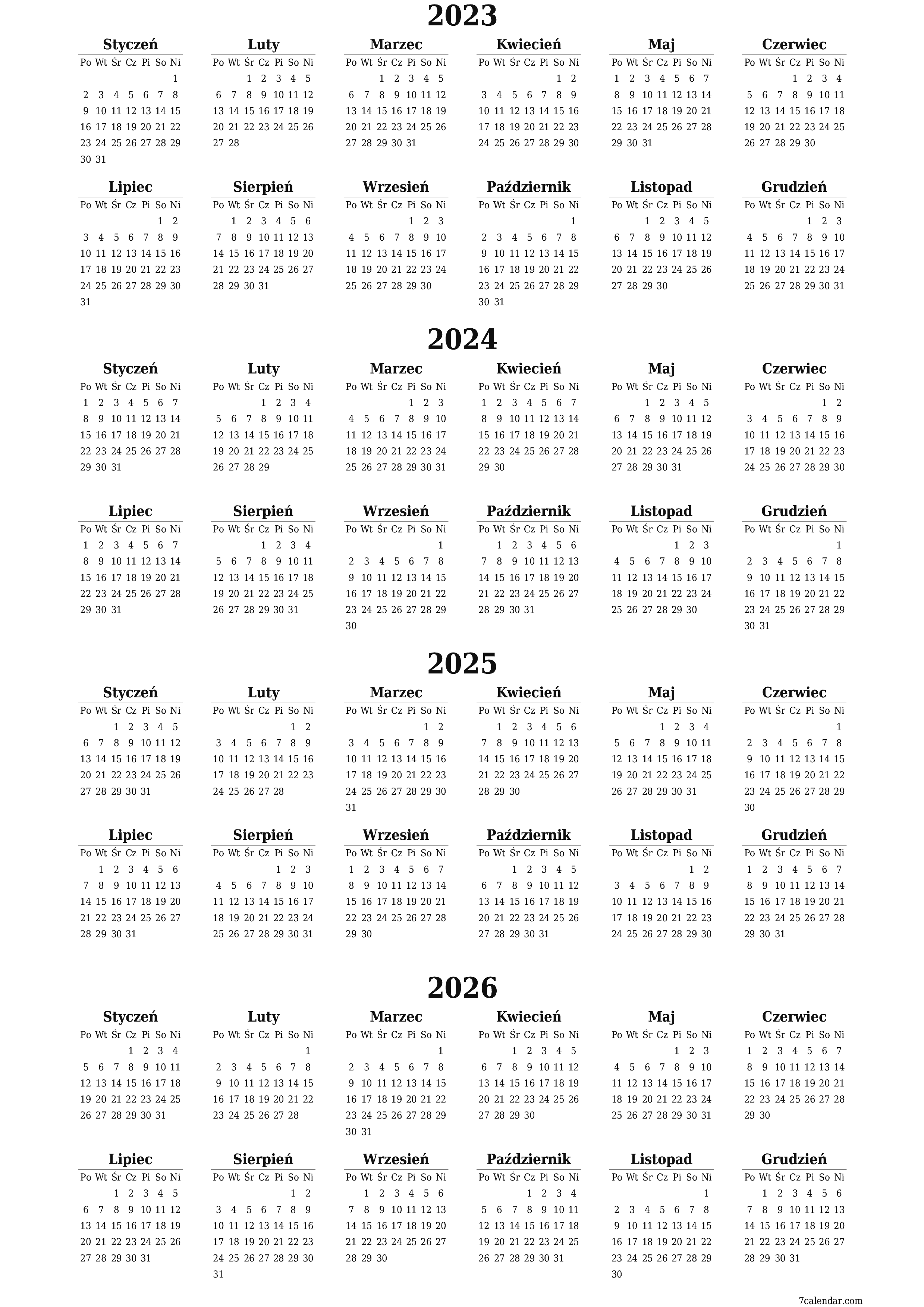  do druku ścienny szablon a darmowy pionowy Roczny kalendarz Grudzień (Gru) 2023