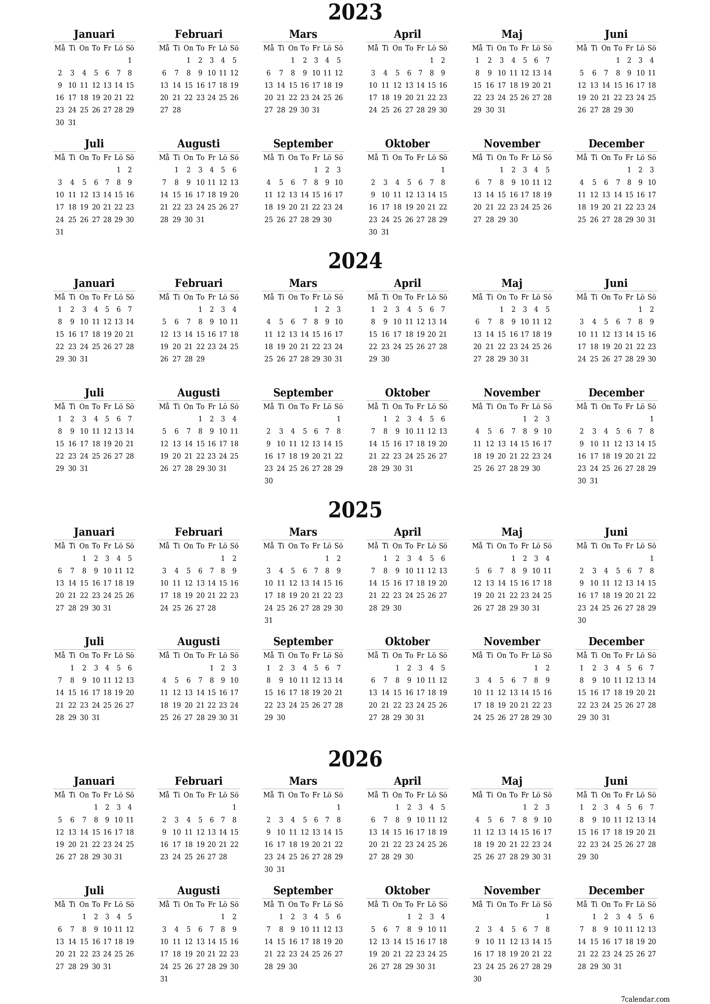Tom årskalender för år 2023, 2024, 2025, 2026 spara och skriv ut till PDF PNG Swedish - 7calendar.com
