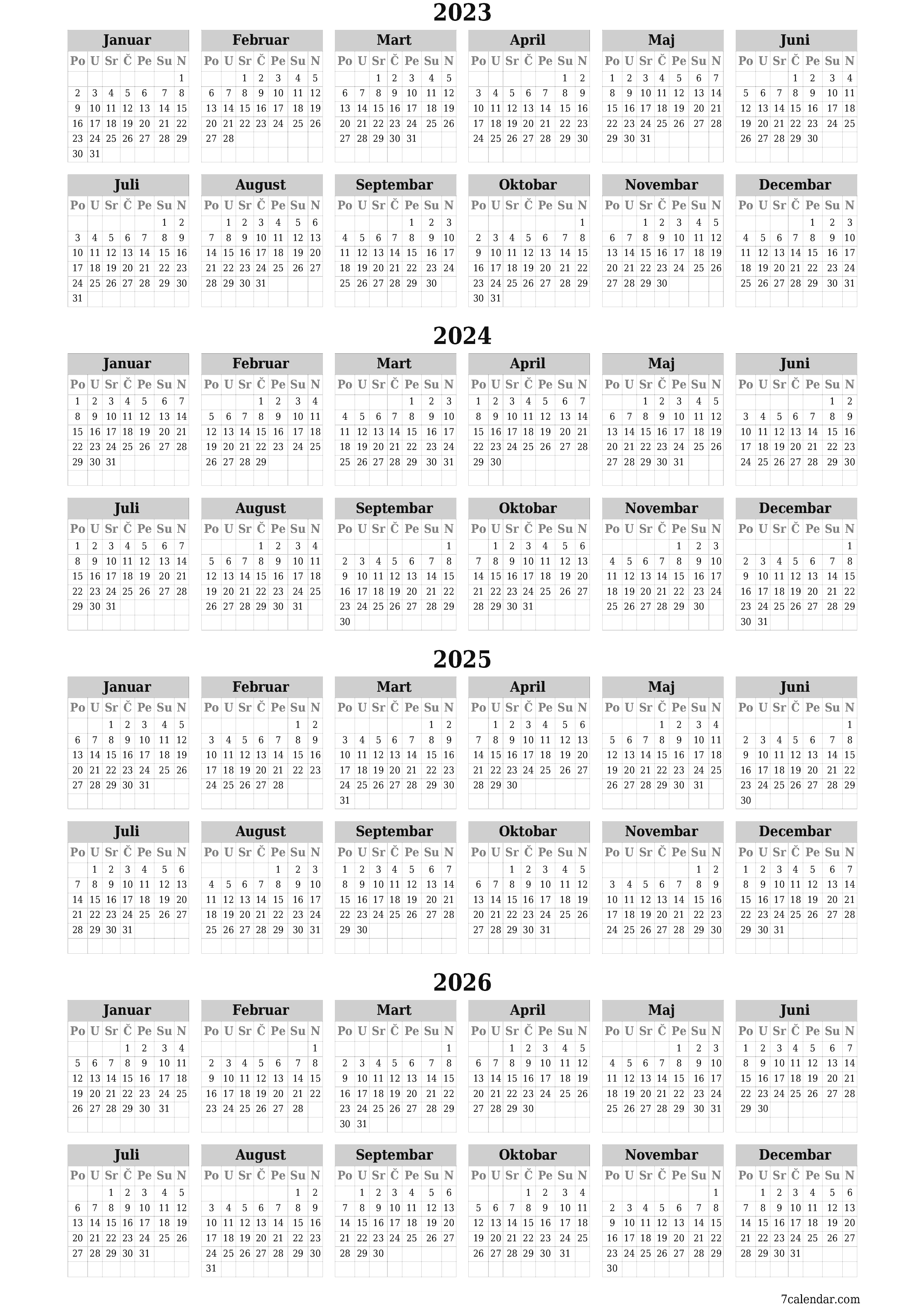 Ispraznite godišnji kalendar planera za godinu 2023, 2024, 2025, 2026 s bilješkama, spremite i ispišite u PDF PNG Bosnian - 7calendar.com