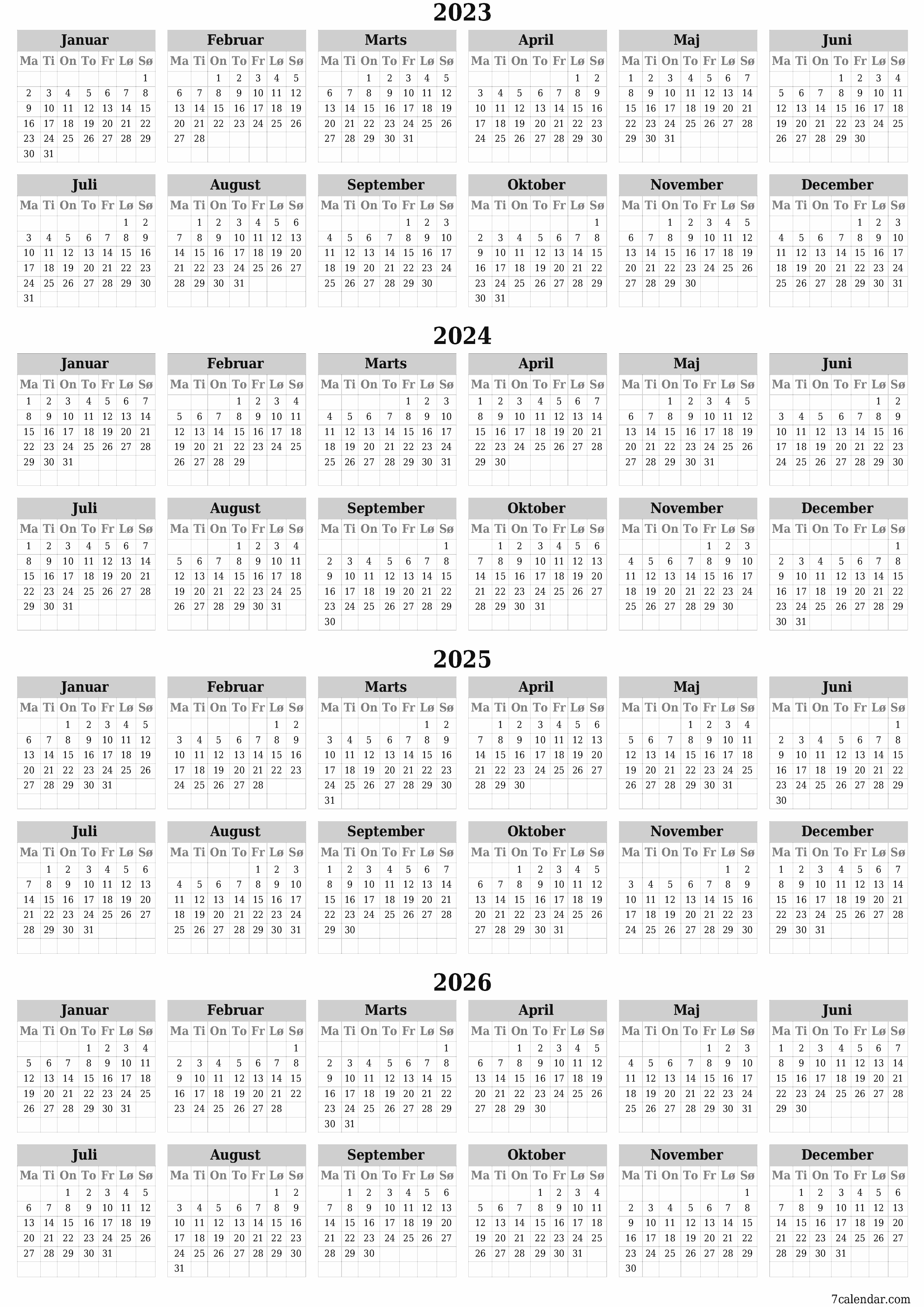 Tom årskalender for år 2023, 2024, 2025, 2026 gem og udskriv til PDF PNG Danish - 7calendar.com