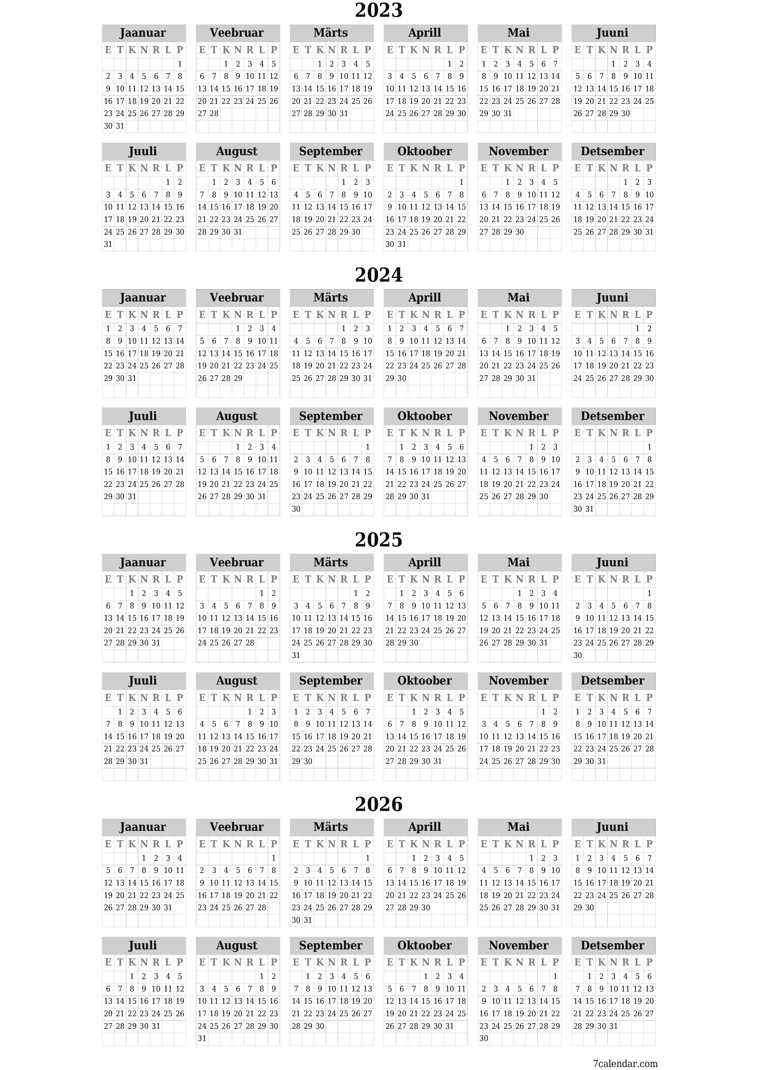 Aasta tühi aastakalender 2023, 2024, 2025, 2026 salvestage ja printige PDF-i PNG Estonian - 7calendar.com