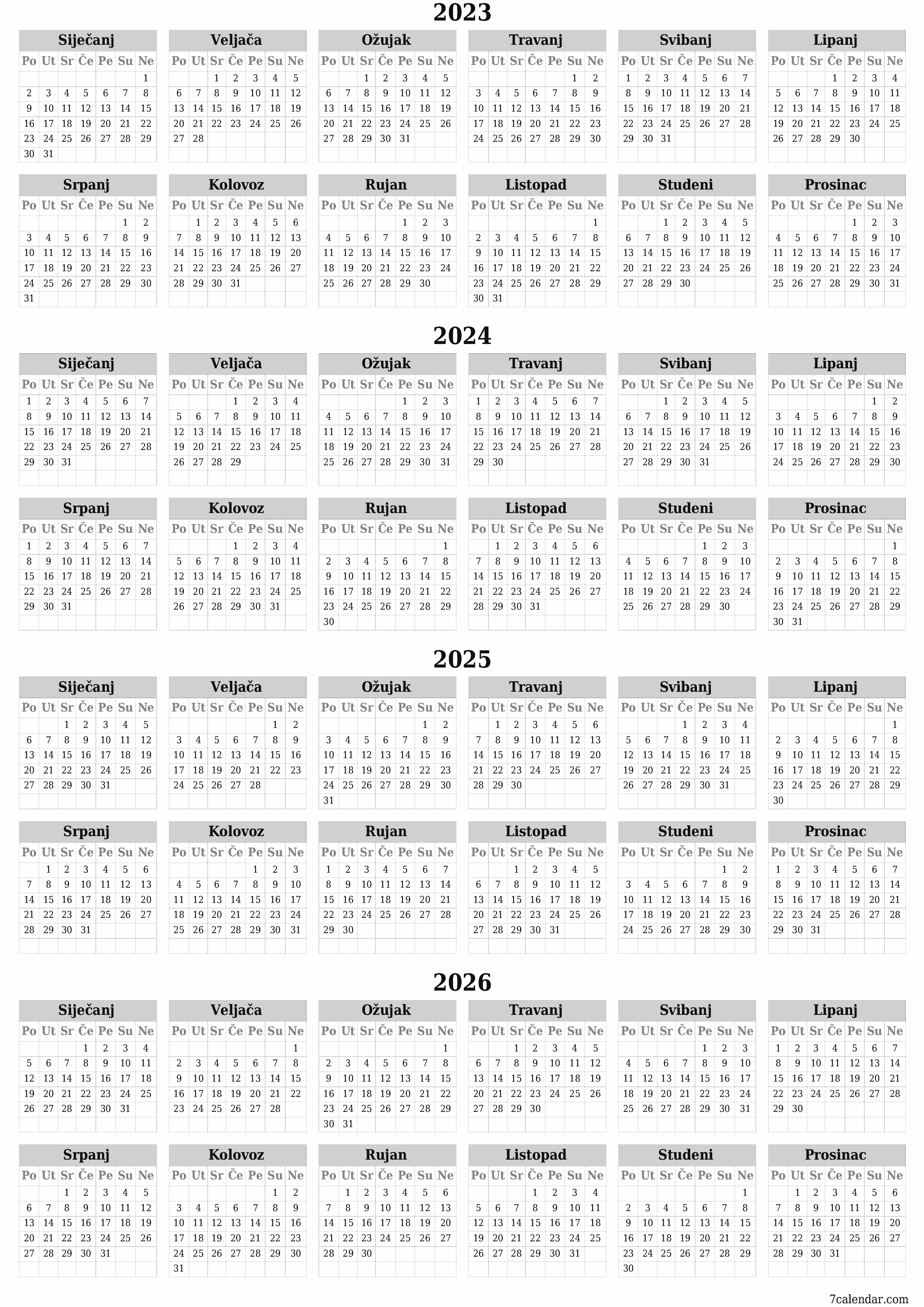 Prazan godišnji kalendar za godinu 2023, 2024, 2025, 2026 spremite i ispišite u PDF PNG Croatian - 7calendar.com