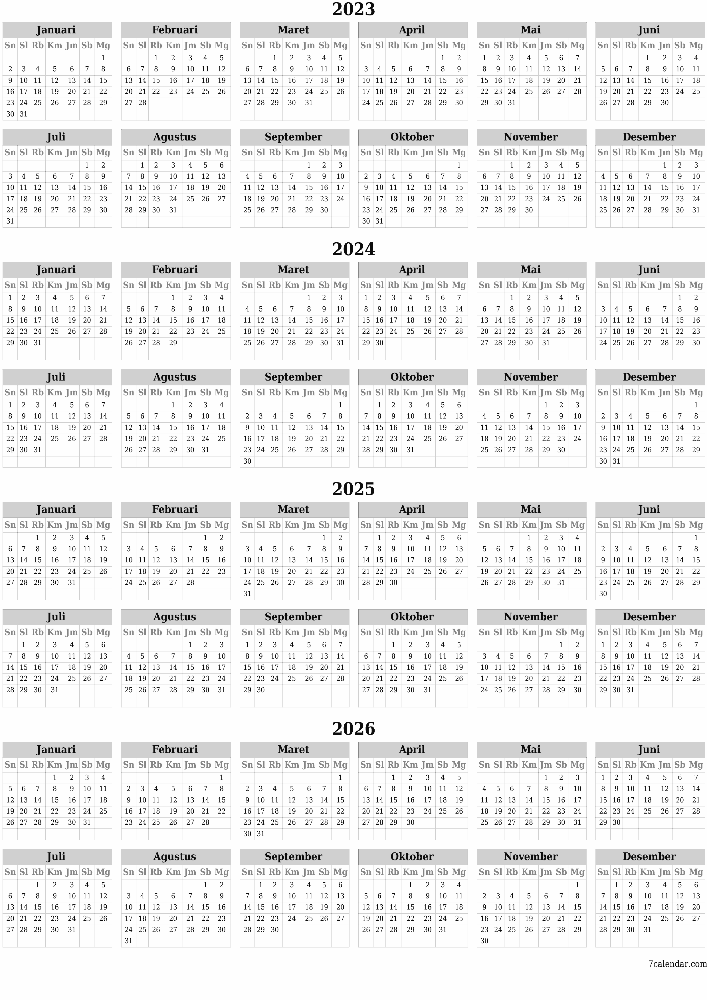 Kosongkan kalender perencana tahunan untuk tahun ini 2023, 2024, 2025, 2026 dengan catatan, simpan dan cetak ke PDF PNG Indonesian