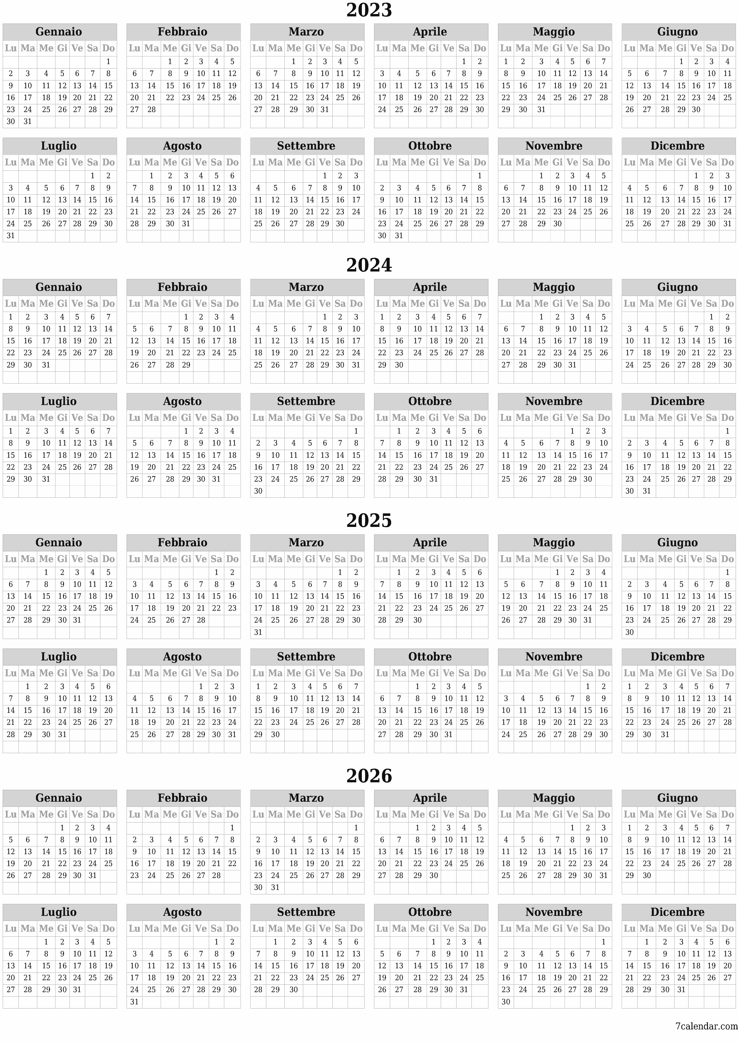Calendario pianificatore annuale vuoto per l'anno 2023, 2024, 2025, 2026 con note, salva e stampa in PDF PNG Italian - 7calendar.com