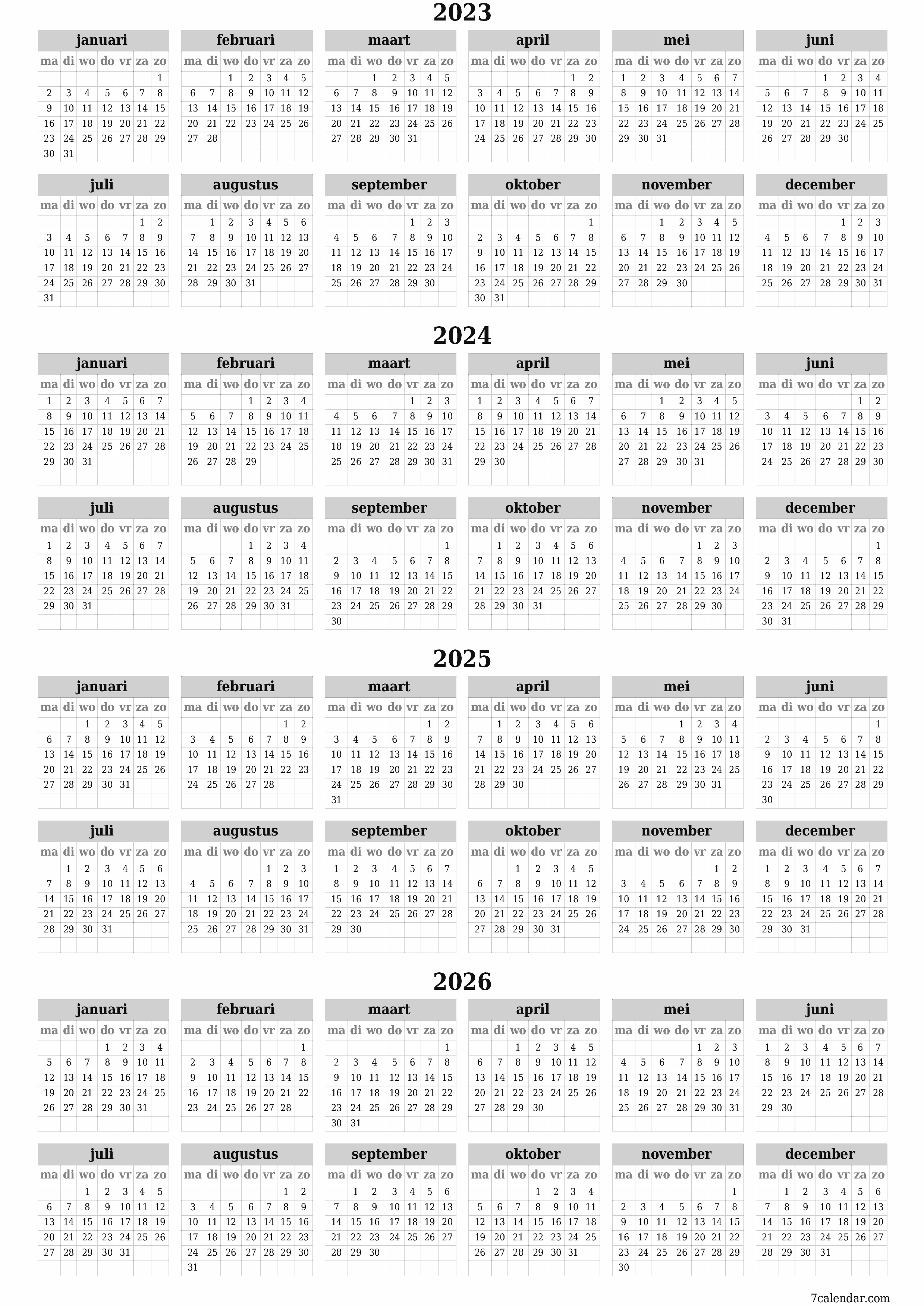 Lege jaarplanningskalender voor het jaar 2023, 2024, 2025, 2026 met notities, opslaan en afdrukken naar pdf PNG Dutch - 7calendar.com