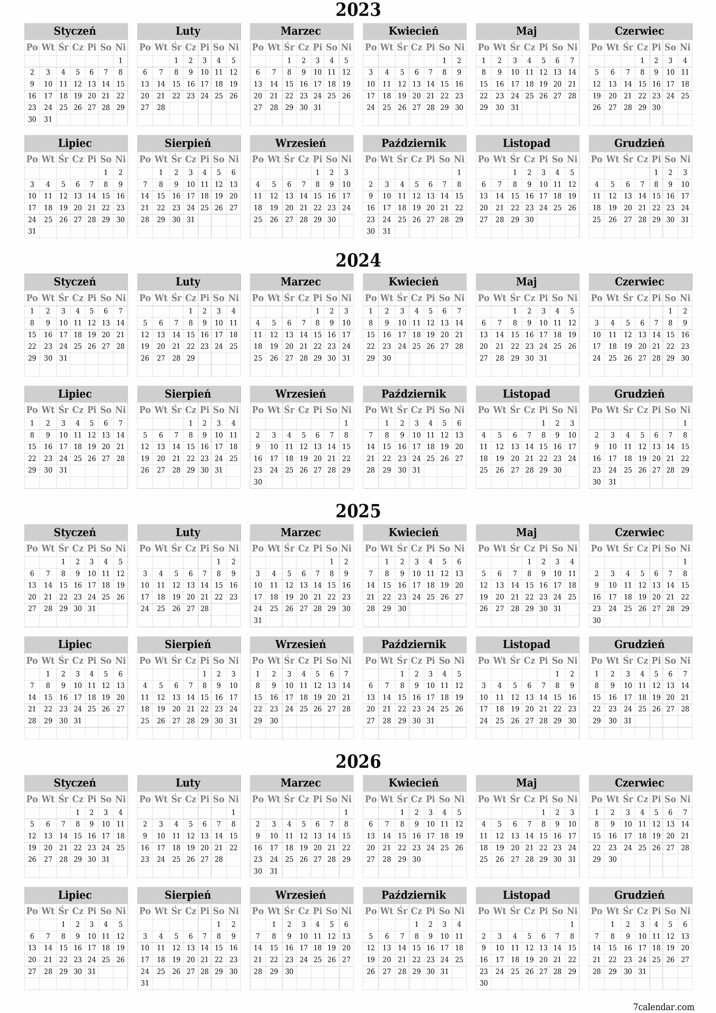 Opróżnij kalendarz rocznego planowania na rok 2023, 2024, 2025, 2026 z notatkami, zapisz i wydrukuj w formacie PDF PNG Polish
