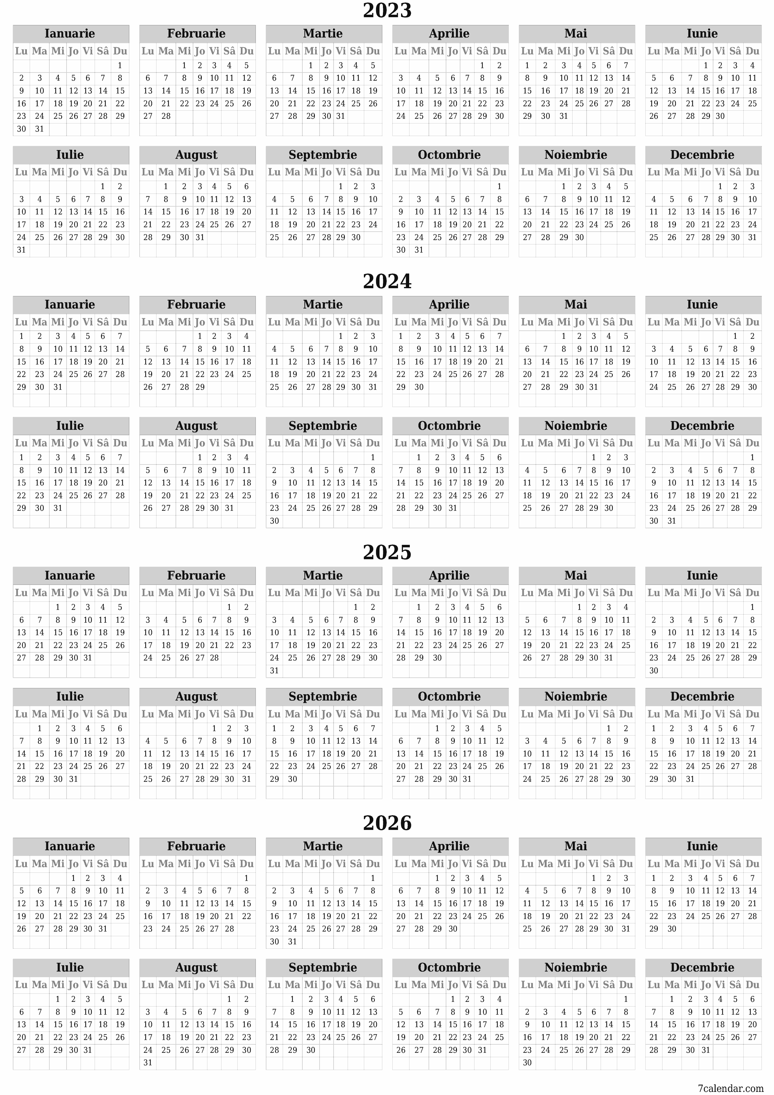 Calendar anual gol pentru anul 2023, 2024, 2025, 2026 salvați și imprimați în format PDF PNG Romanian - 7calendar.com