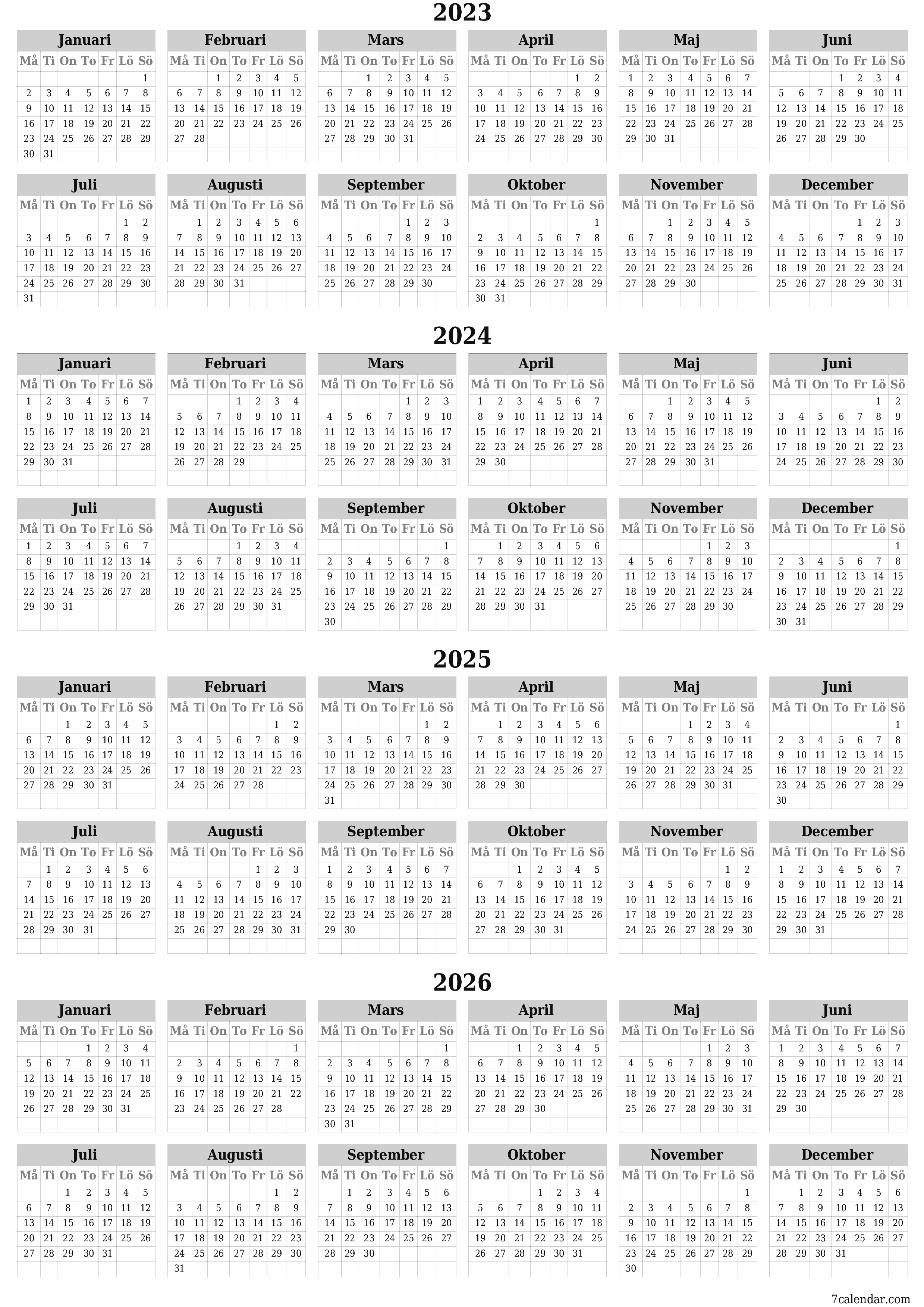 Tom årlig planeringskalender för året 2023, 2024, 2025, 2026 med anteckningar, spara och skriv ut till PDF PNG Swedish