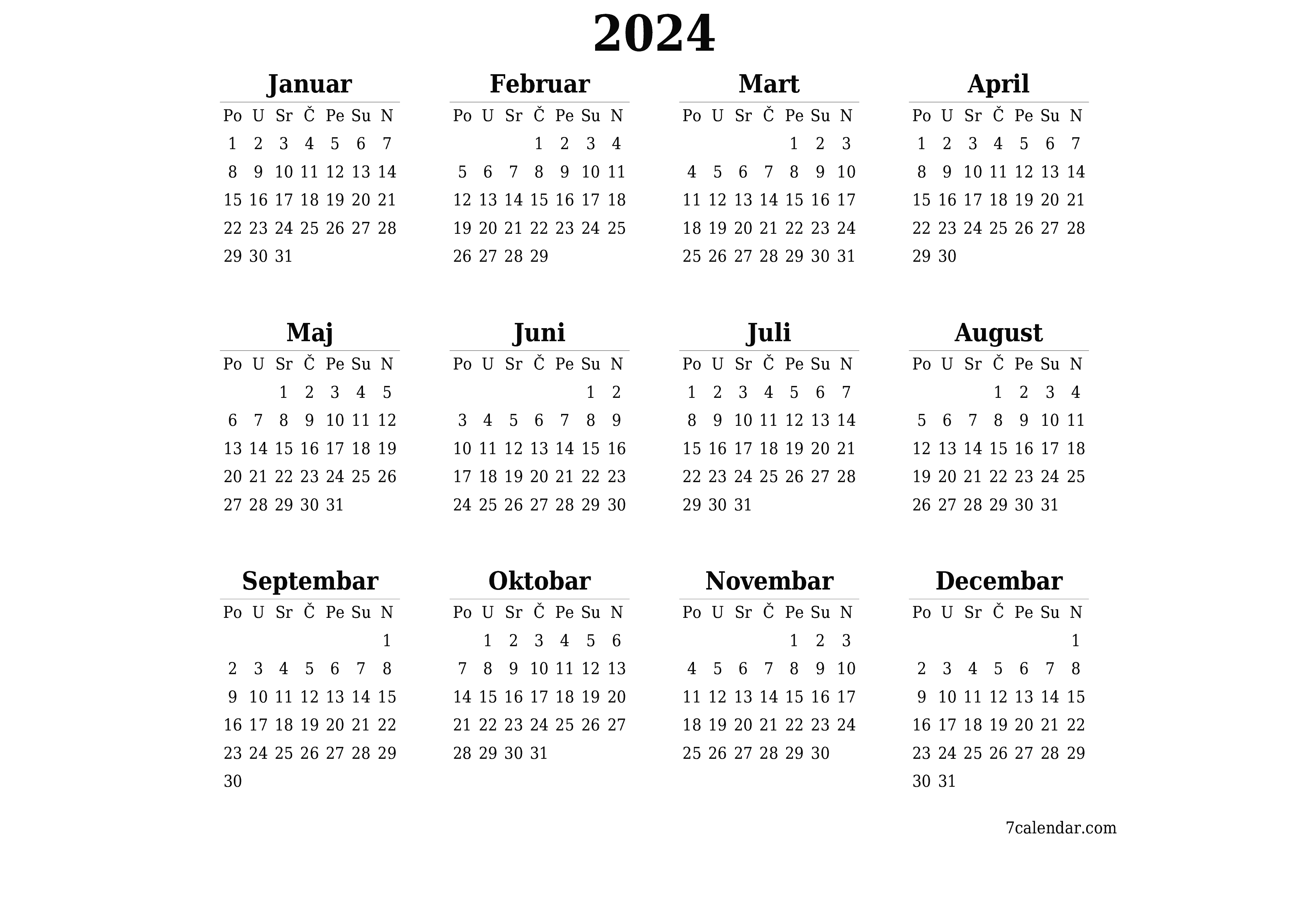 Ispraznite godišnji kalendar planera za godinu 2024 s bilješkama, spremite i ispišite u PDF PNG Bosnian