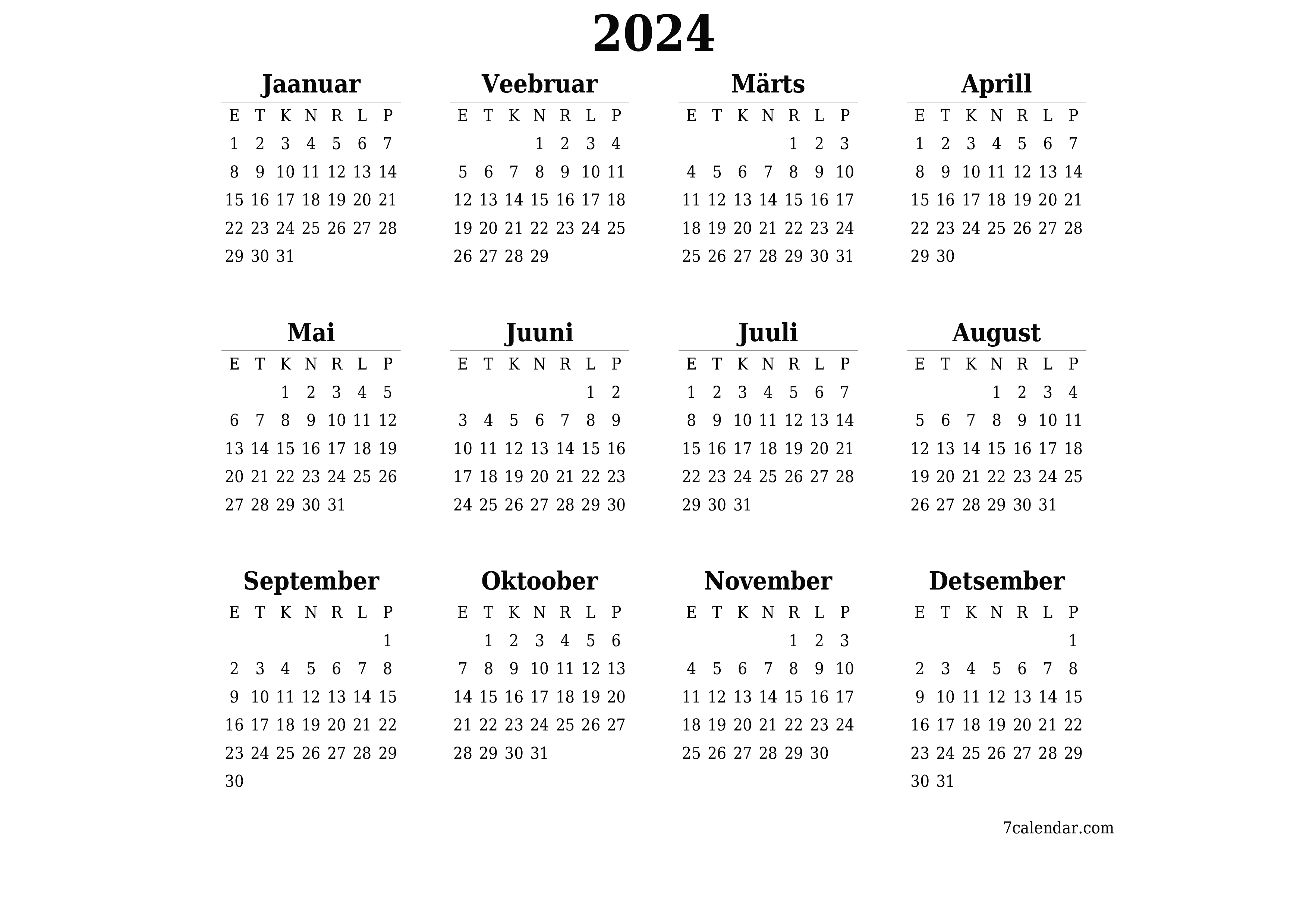 Tühi aasta planeerija kalender aastaks 2024 koos märkmetega, salvestage ja printige PDF-i PNG Estonian