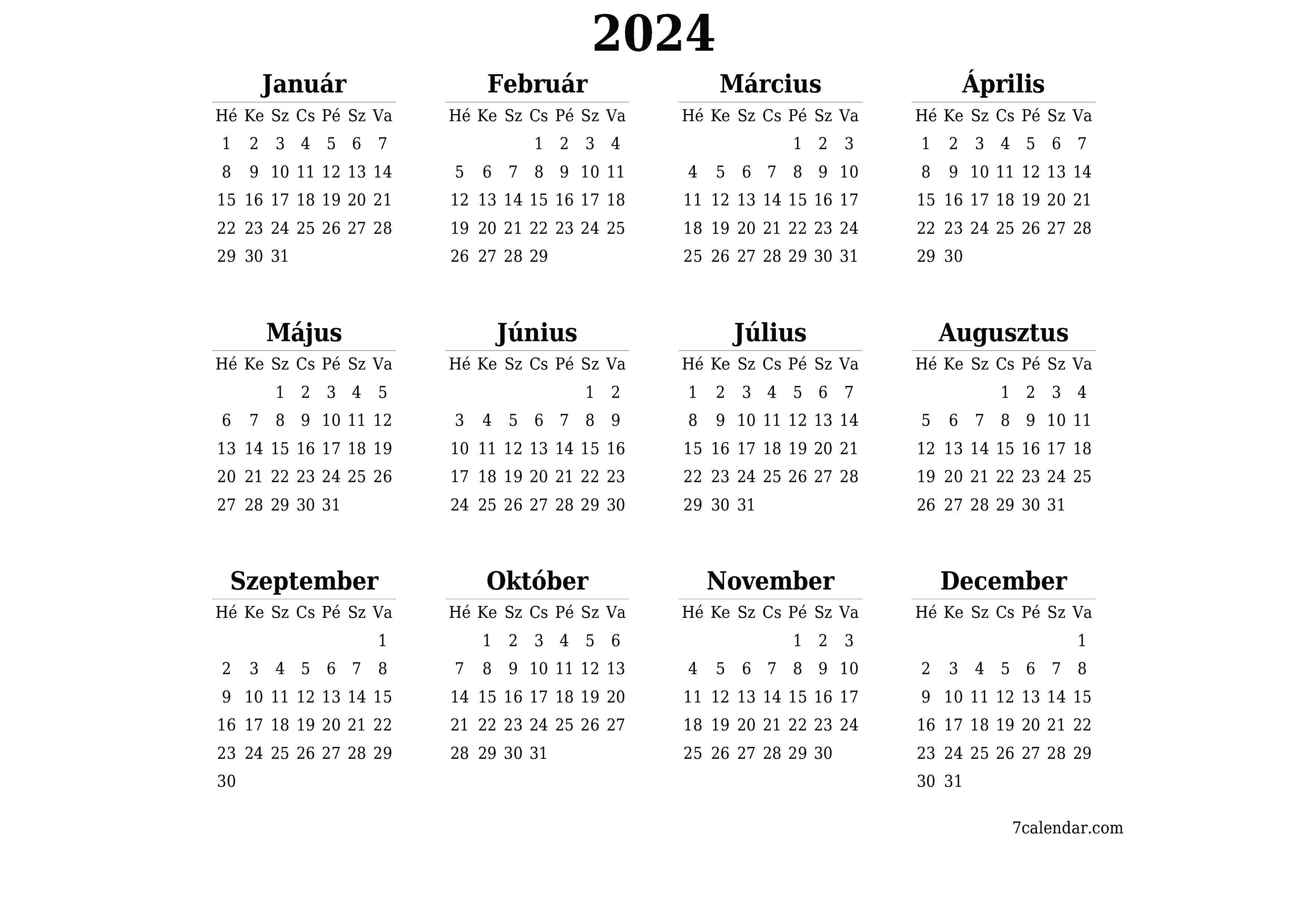 nyomtatható fali sablon ingyenes vízszintes Éves naptár Szeptember (Sze) 2024