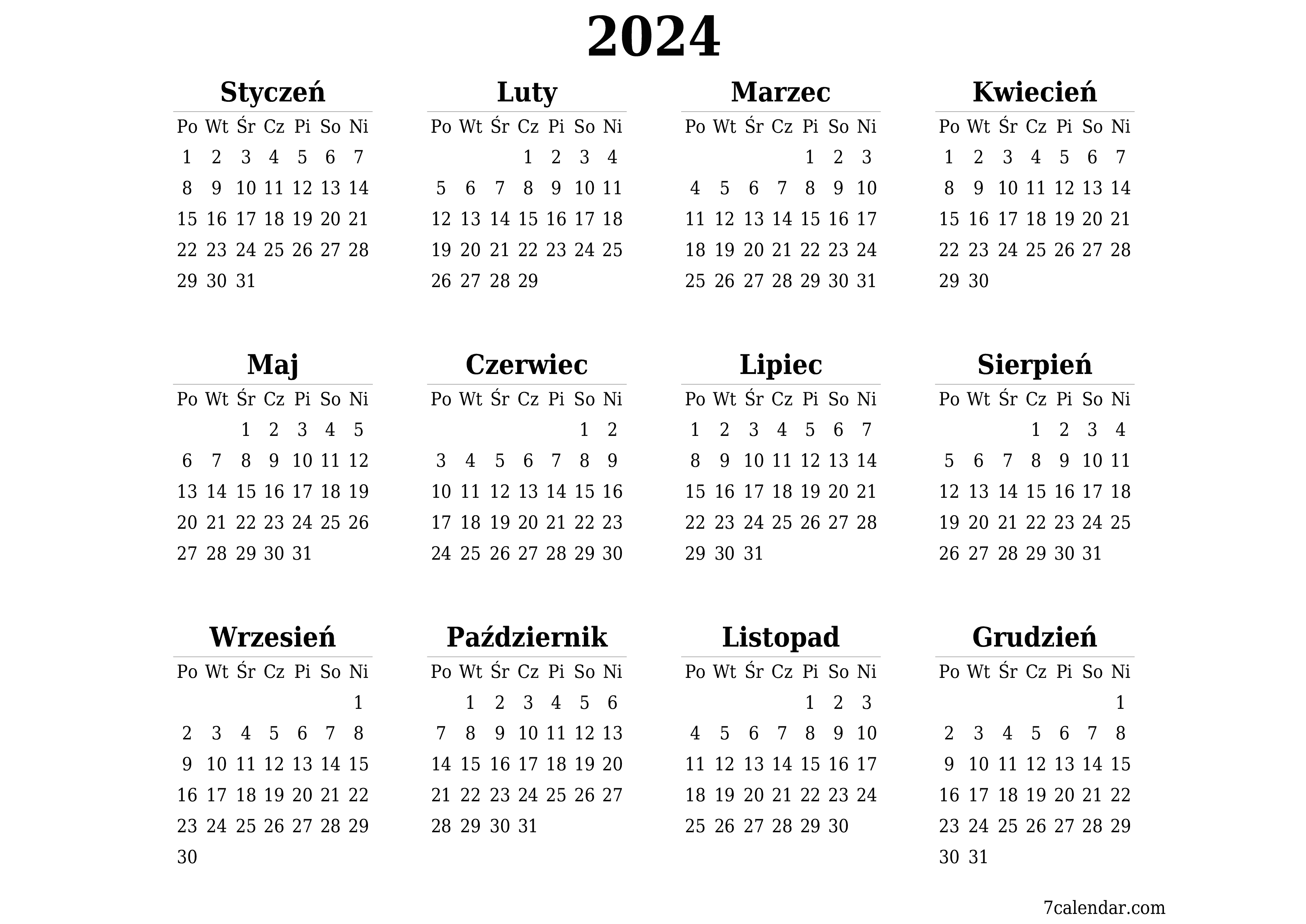  do druku ścienny szablon a darmowy poziomy Roczny kalendarz Marzec (Mar) 2024