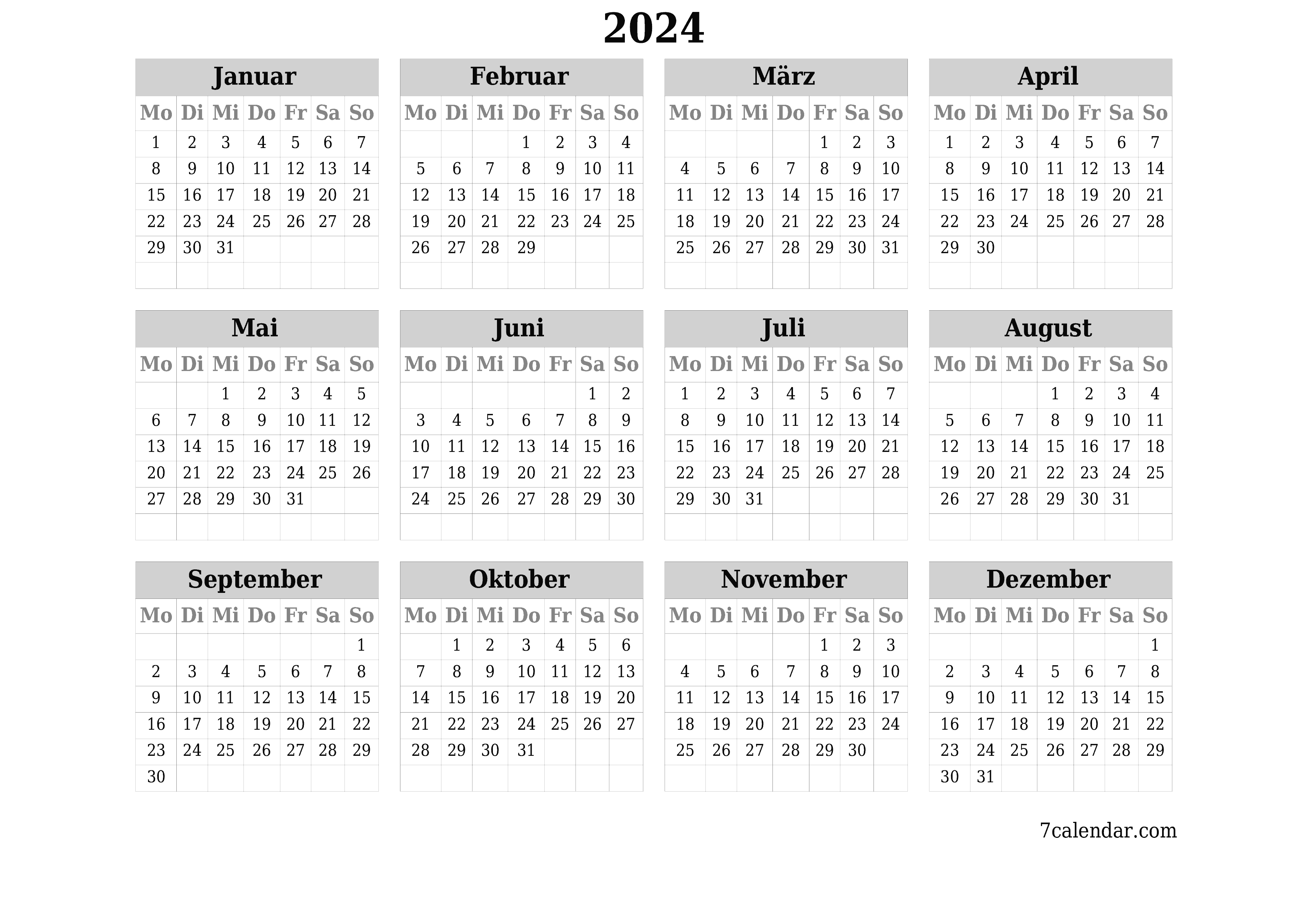 Jahresplanerkalender für das Jahr 2024 mit Notizen leeren, speichern und als PDF PNG German - 7calendar.com drucken