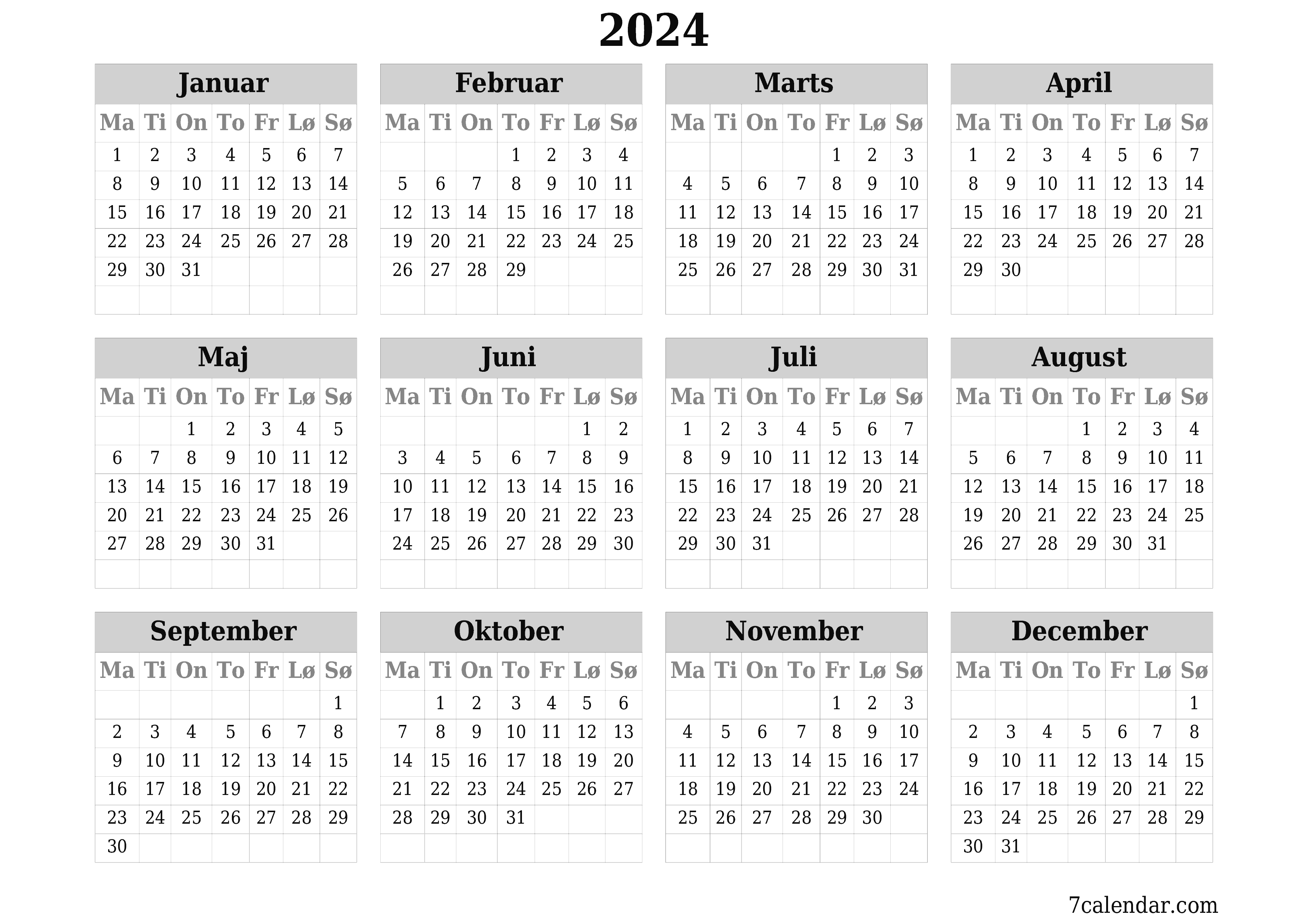 Tom årlig planlægningskalender for året 2024 med noter, gem og udskriv til PDF PNG Danish