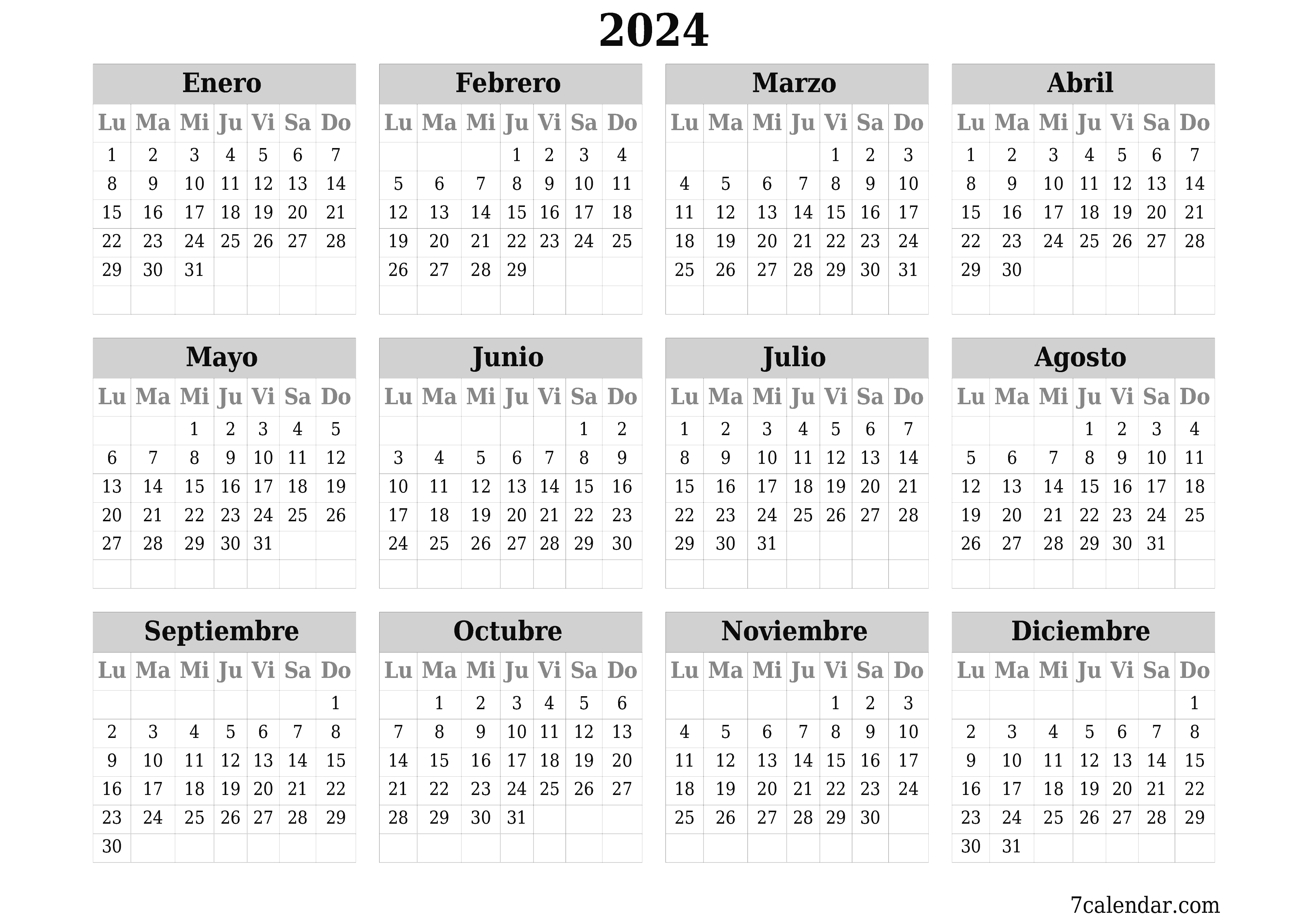 Calendario planificador anual vacío para el año 2024 con notas, guardar e imprimir en PDF PNG Spanish