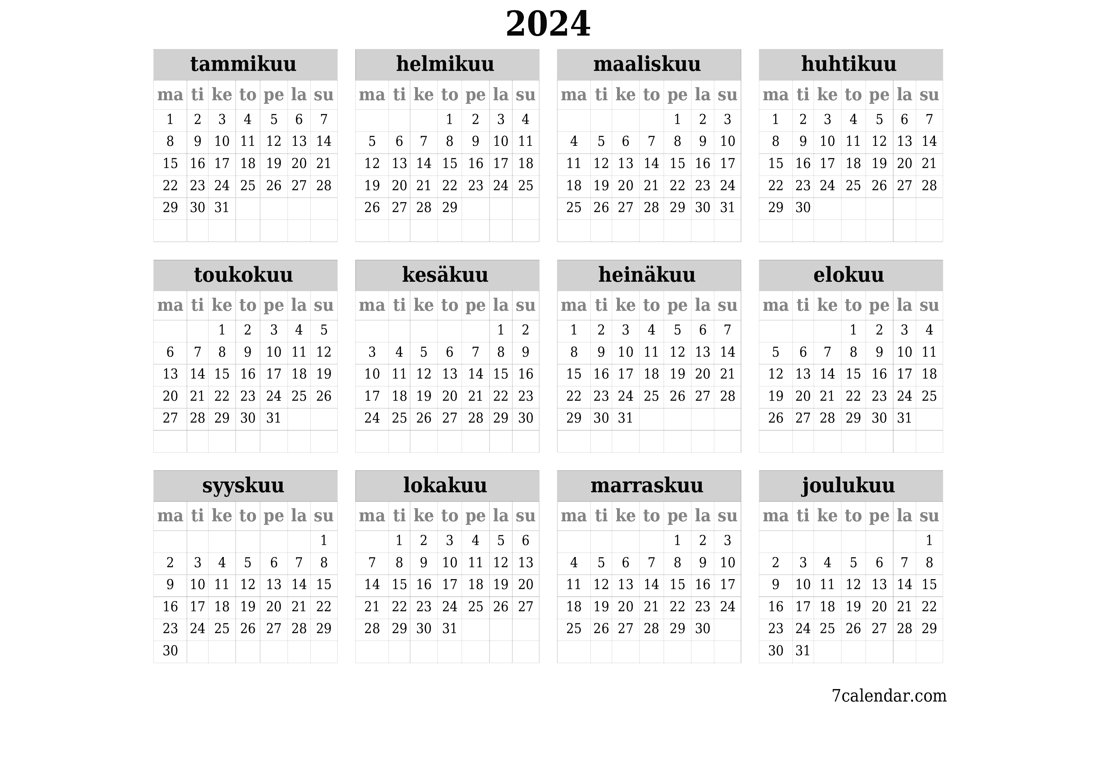 Tyhjä vuosisuunnittelukalenteri vuodelle 2024 muistiinpanoilla, tallenna ja tulosta PDF-muotoon PNG Finnish