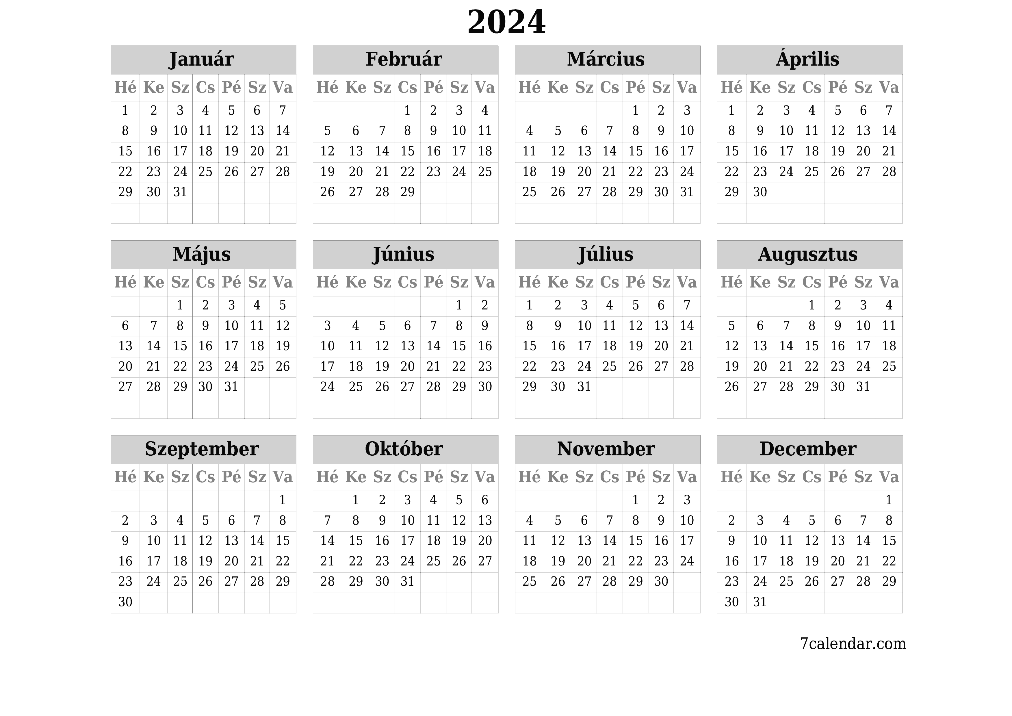 Üres éves tervezői naptár az évre 2024 jegyzetekkel, mentés és nyomtatás PDF-be PNG Hungarian