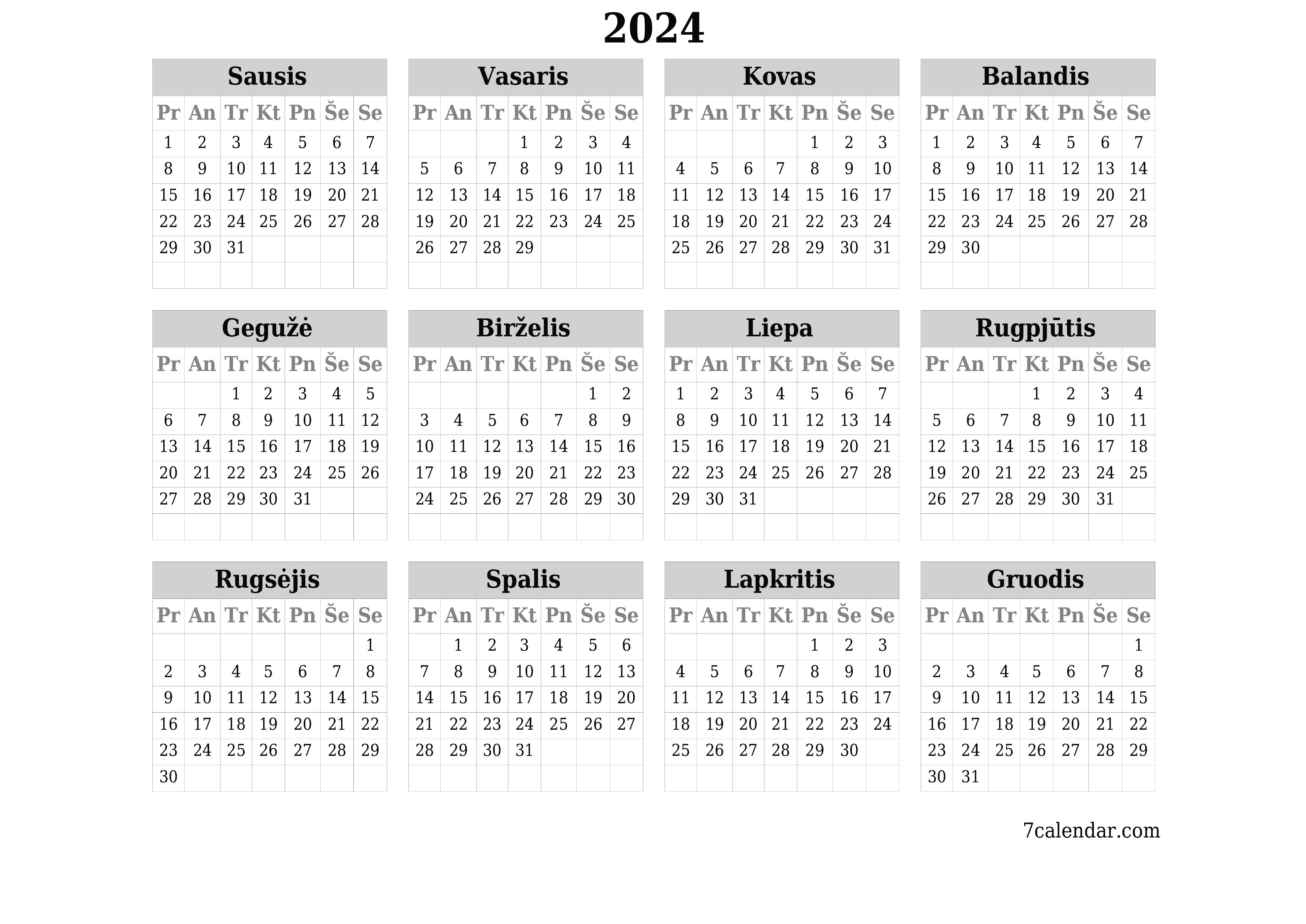 Tuščias metų planavimo kalendorius 2024 su užrašais, išsaugokite ir atsispausdinkite PDF formatu PNG Lithuanian
