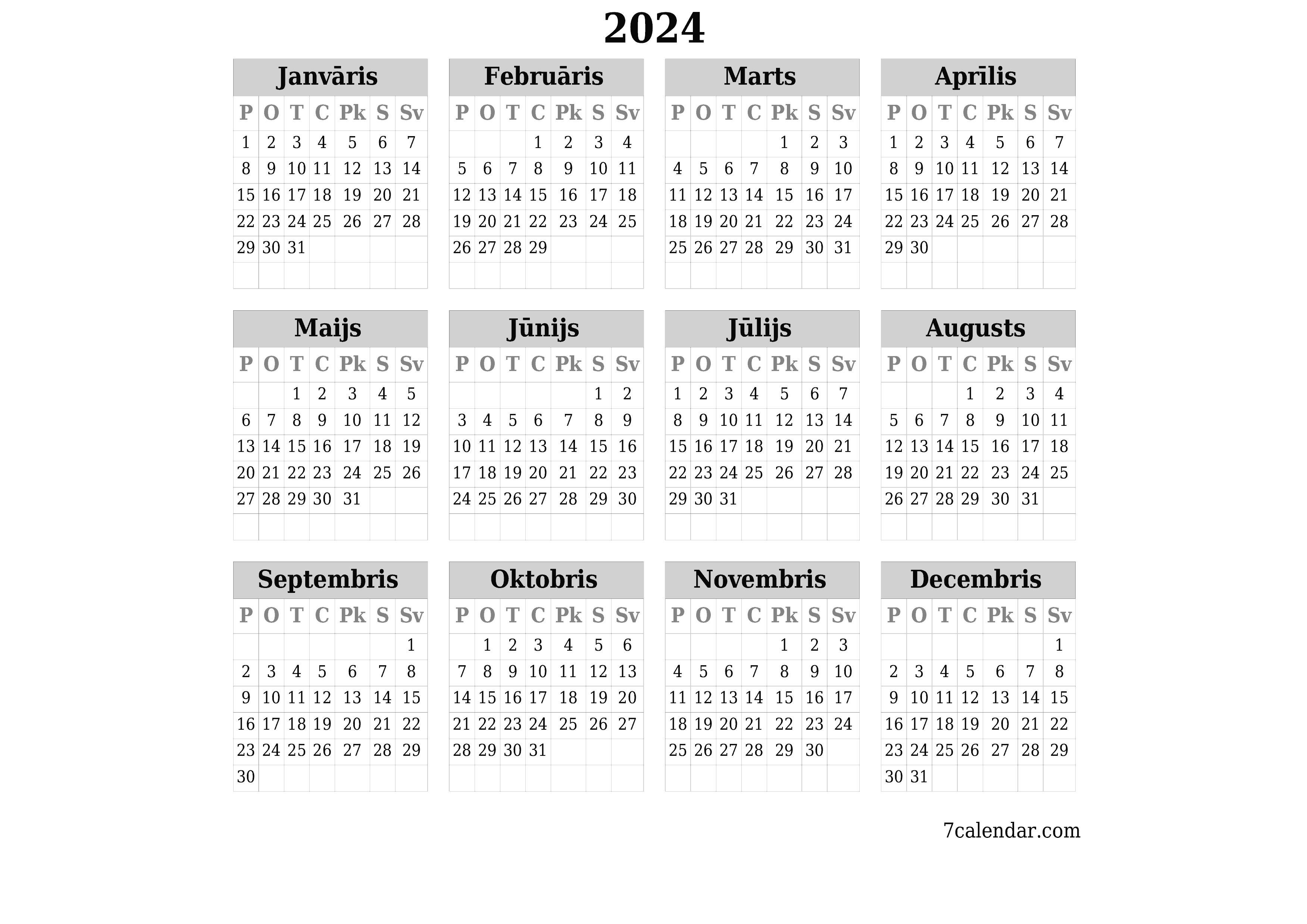 Tukšs gada plānotāja kalendārs gadam 2024 ar piezīmēm, saglabāšana un izdrukāšana PDF formātā PNG Latvian