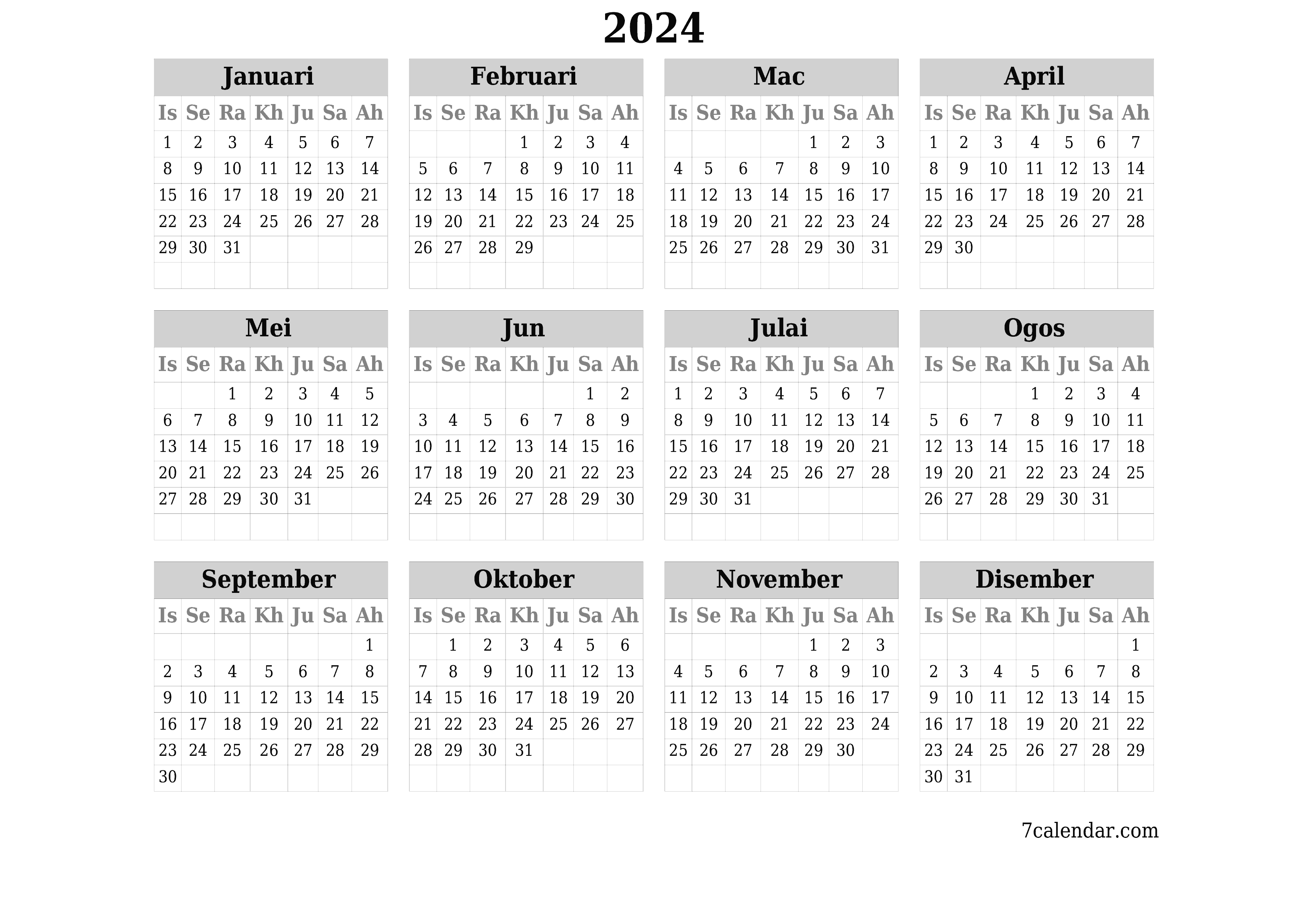 Kalendar perancang tahunan kosong untuk tahun ini 2024 dengan nota, simpan dan cetak ke PDF PNG Malay