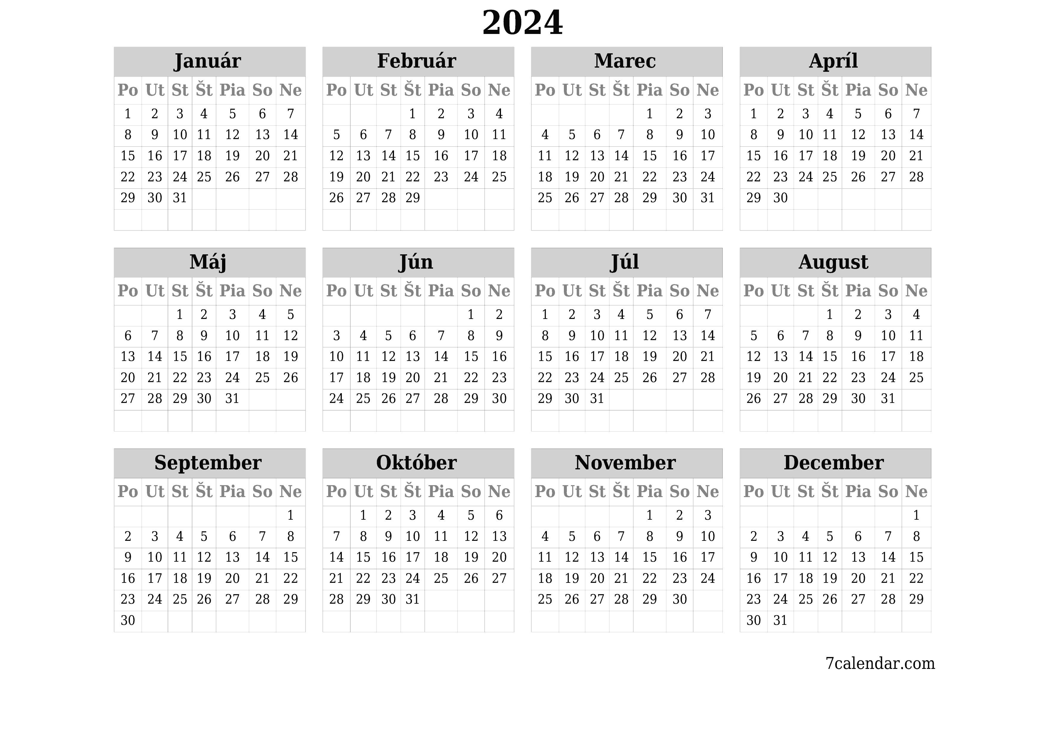 Prázdny ročný kalendár plánovača na rok 2024 s poznámkami, uložením a tlačou do formátu PDF PNG Slovak
